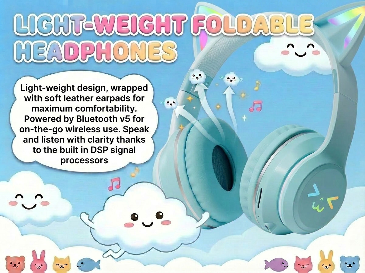 Kids Cat Ears Headphones with Microphone (RGB LED/WIRELESS/BLUETOOTH/FOLDABLE)