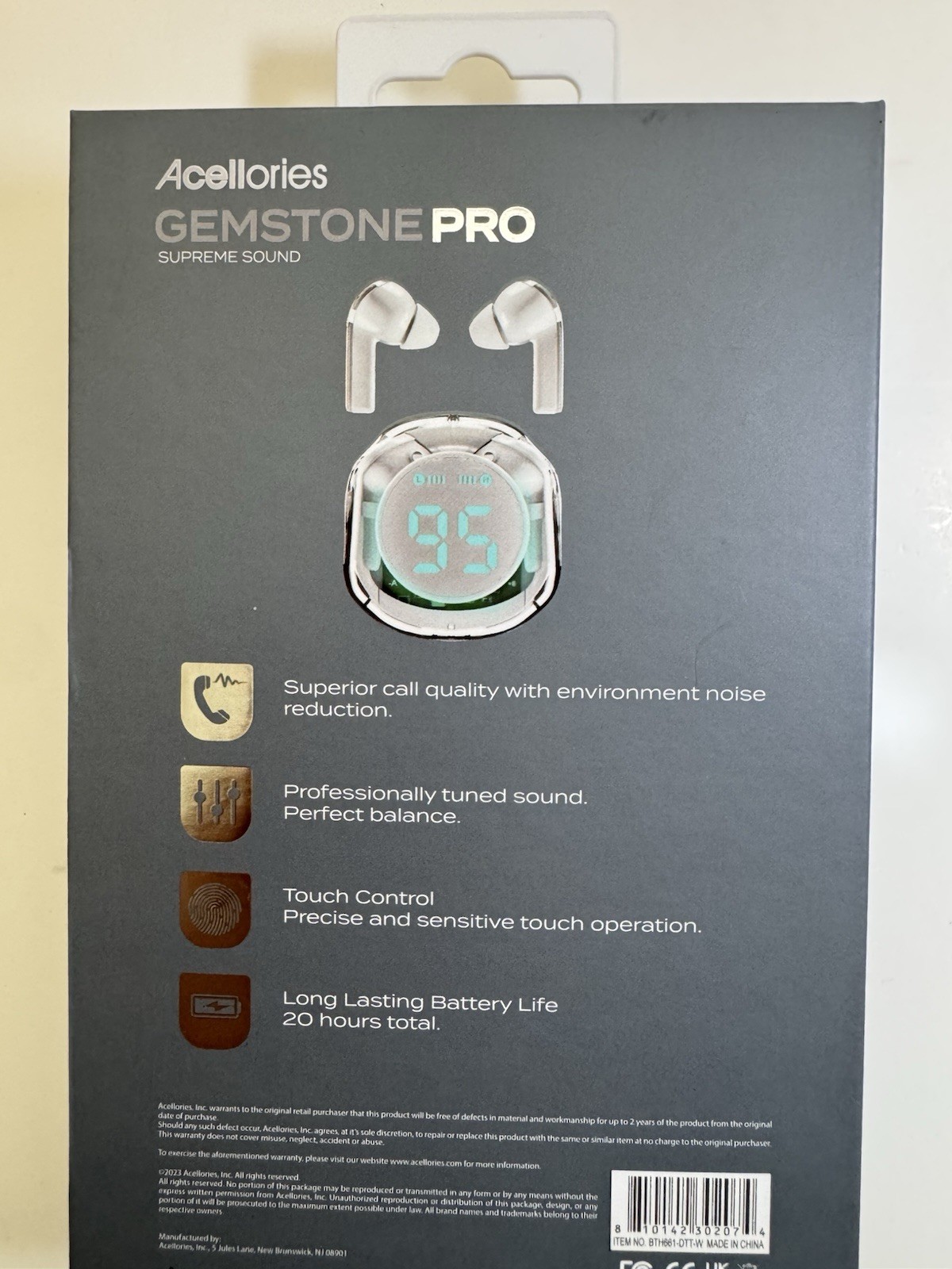 Acelloiries GemstonePro LED Digital Display Earbuds 20 Hours of Playtime White