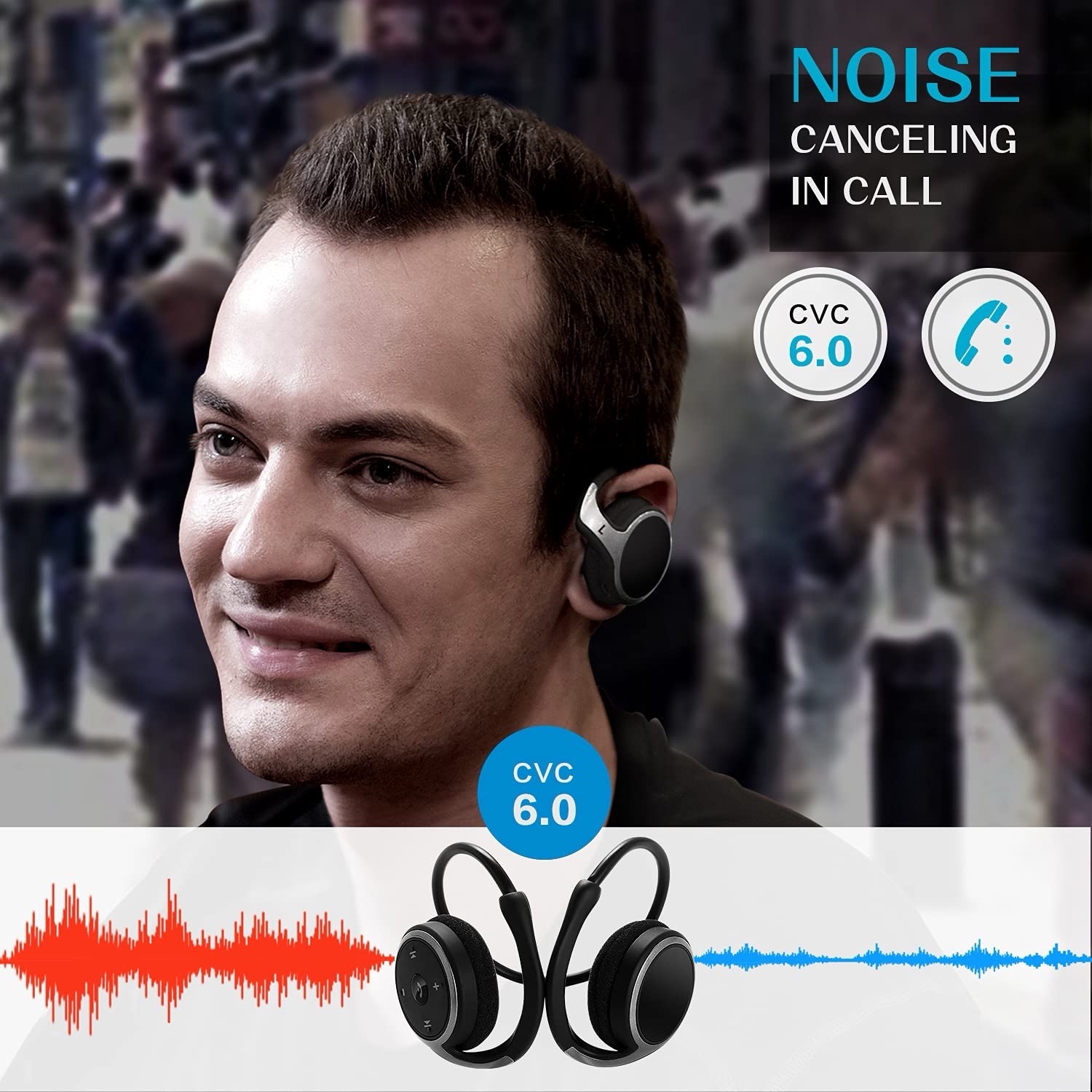 1100 Series Bluetooth Neckband On-Ear Headphones Black Mic Noise Cancel Open Box
