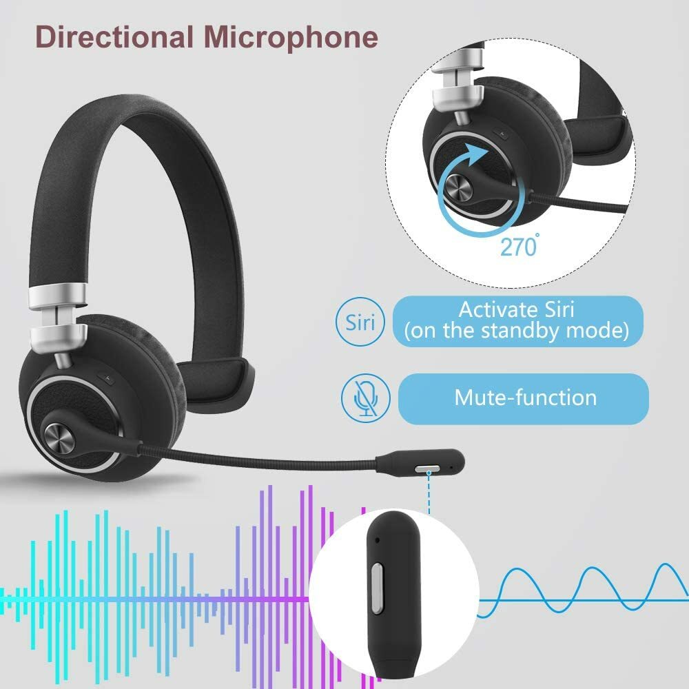 Bluetooth Headset with Microphone Mute Button Headphones for Office Home Trucker