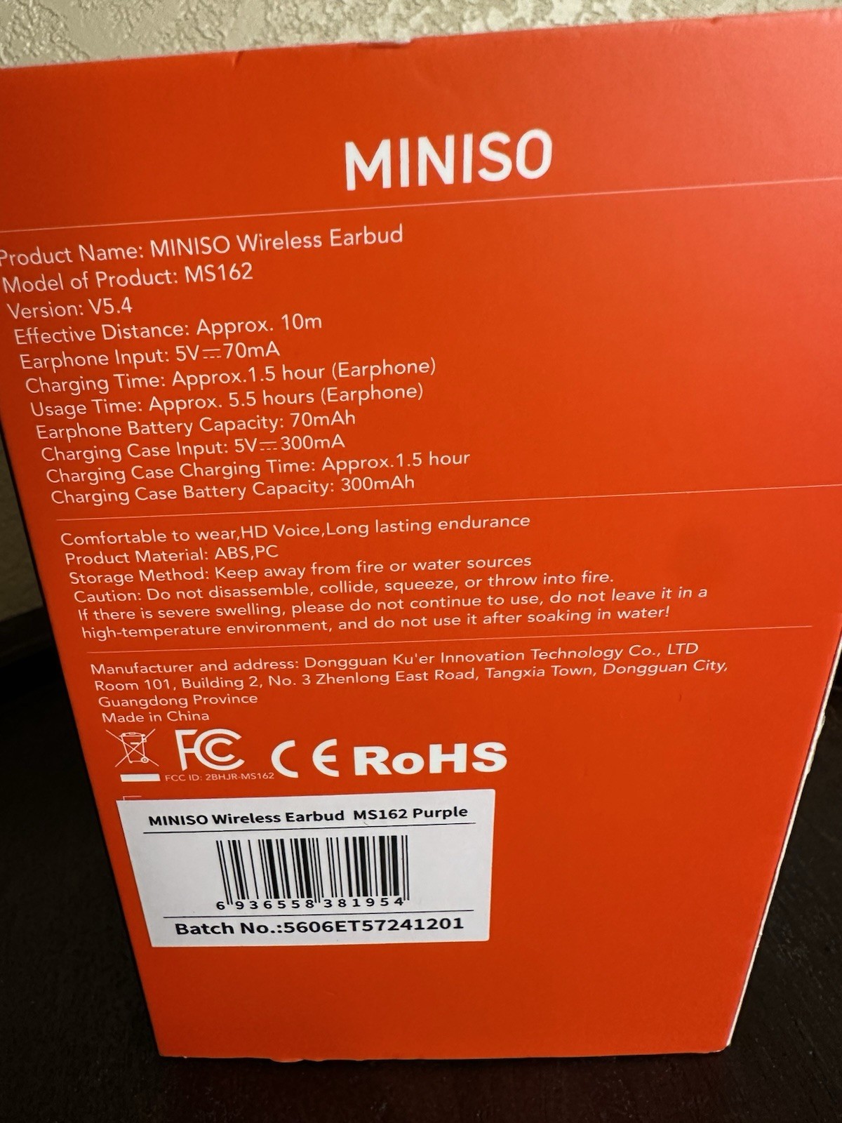 MINISO Wireless Bluetooth Earbud MS162 Black HD Voice Long Endurance Comfort