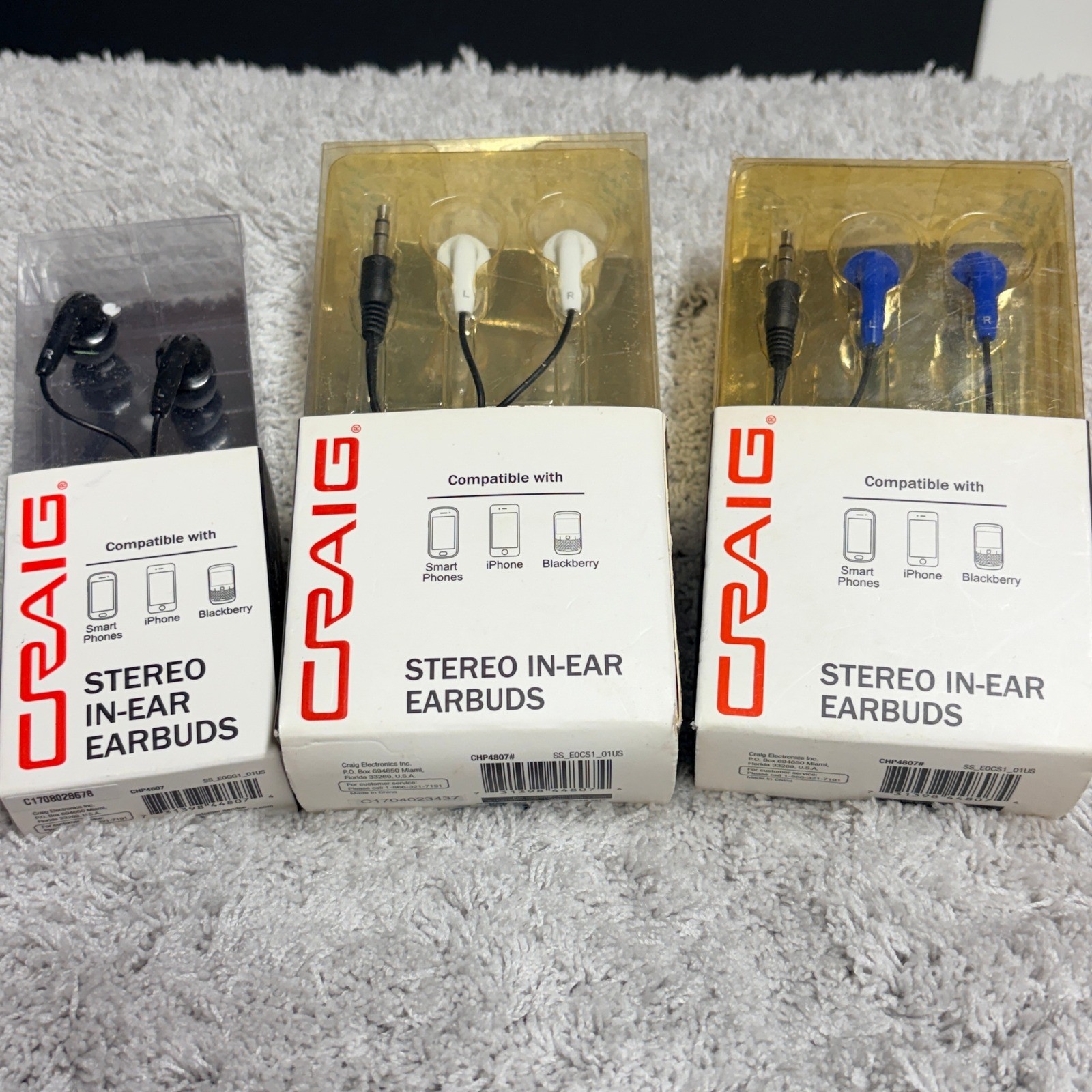 Craig Stereo In-Ear Earbuds 3 Pack Bundle Black White Blue 3.5mm Jack CHP4807