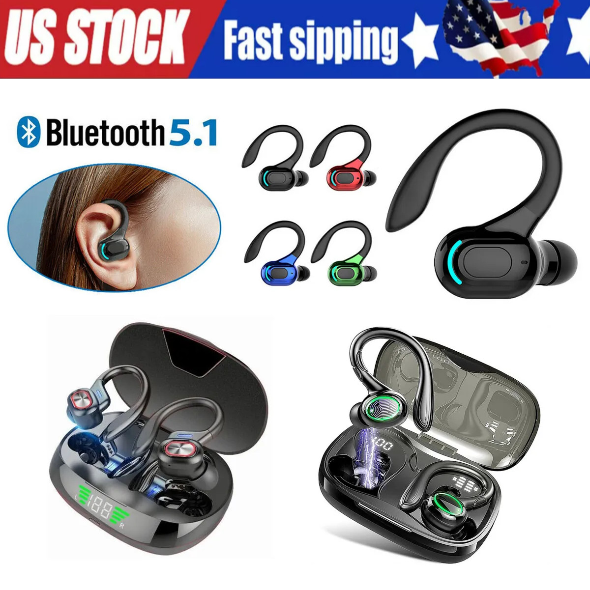 New Bluetooth 5.1 Headset Wireless Earbuds Earphones Stereo Headphones Ear Hook
