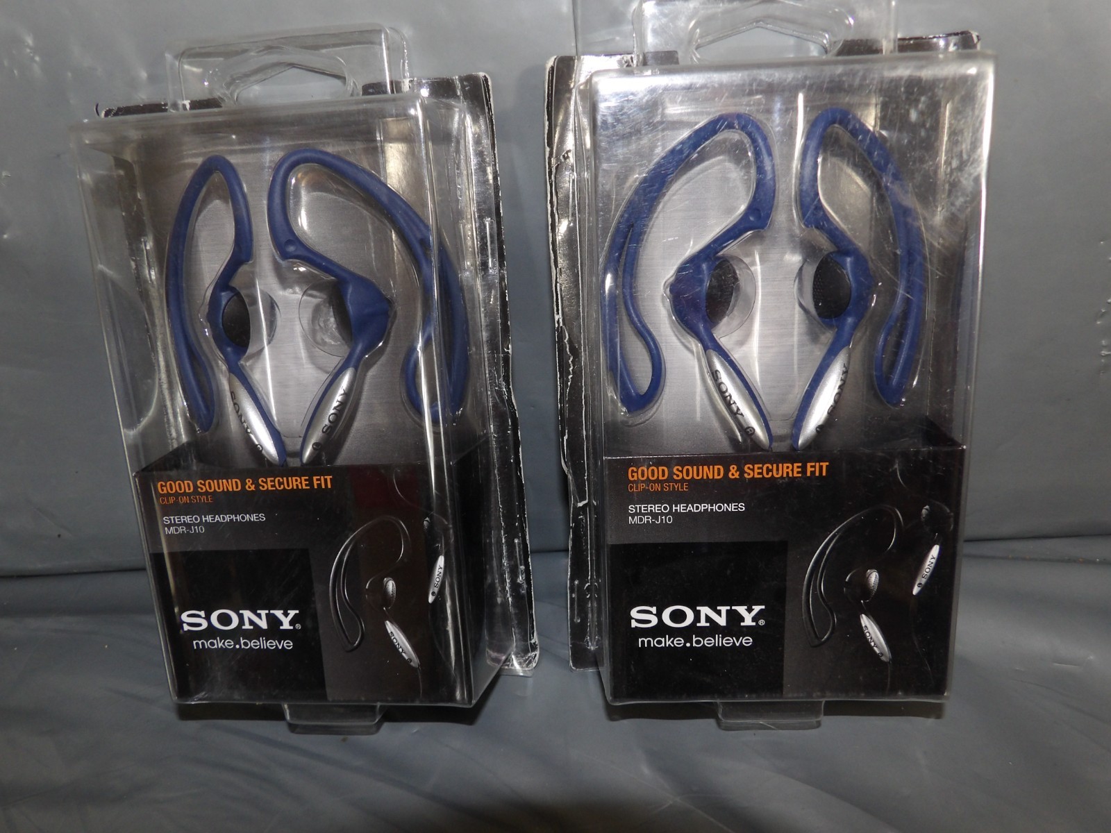 (2) Sony MDR-J10 Stable Ear Clip Stereo Headphones Blue 2009