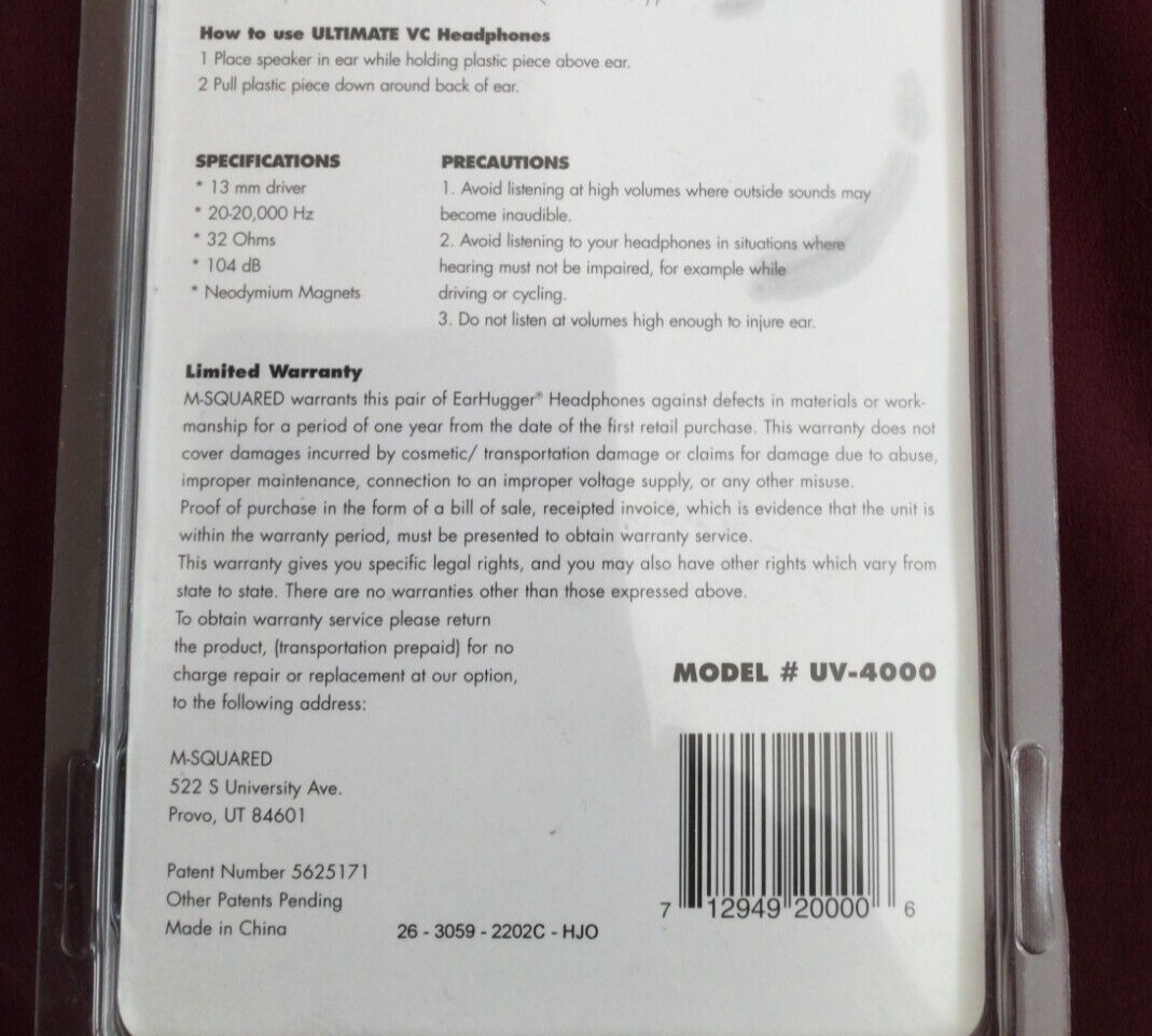 NEW Ultimate VC Ear Hugger Headphones • Volume Control on Cord • NEW in Package