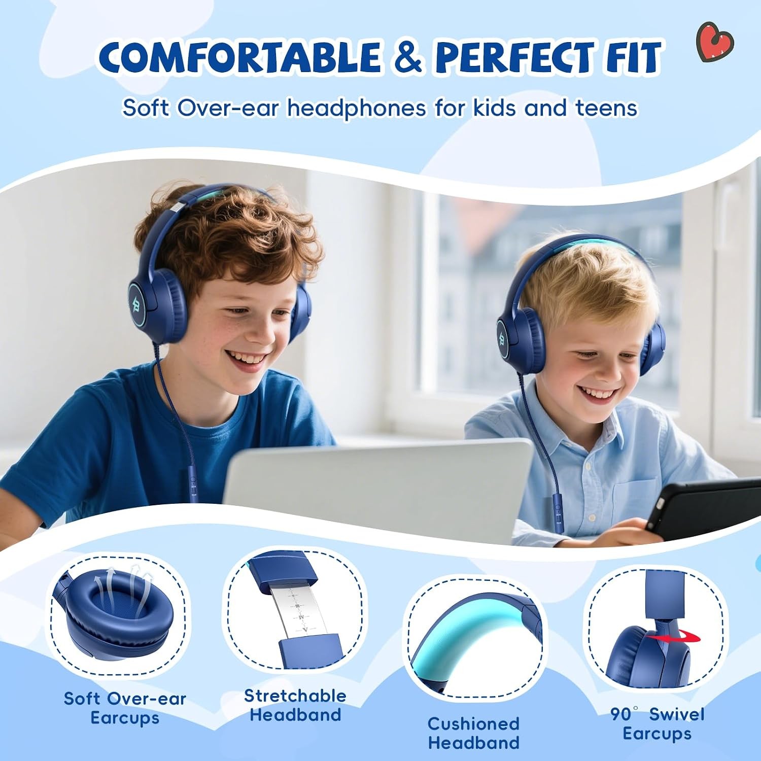 Kids Headphones Wired for School, 3.5mm Safe Volume Limited with Mic, Navy | Plu