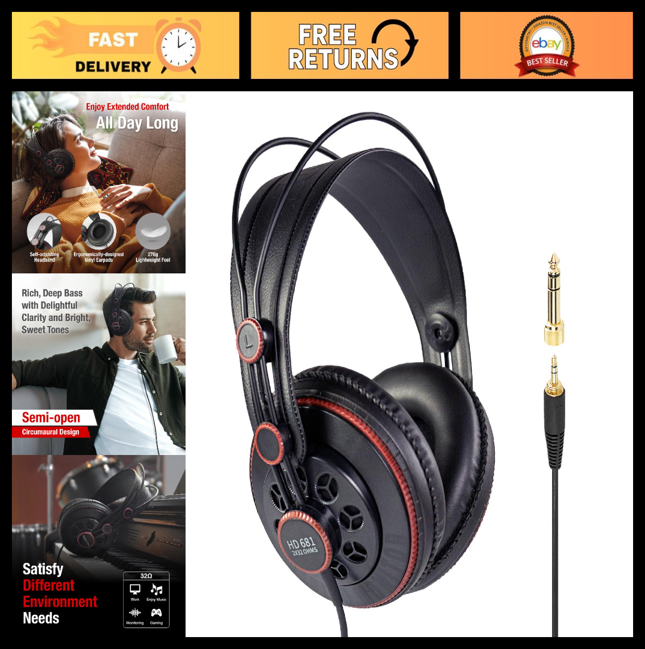 Wired Over-Ear Studio Headphones, 50mm Neodymium Drivers, 10-30kHz, for Mixing &