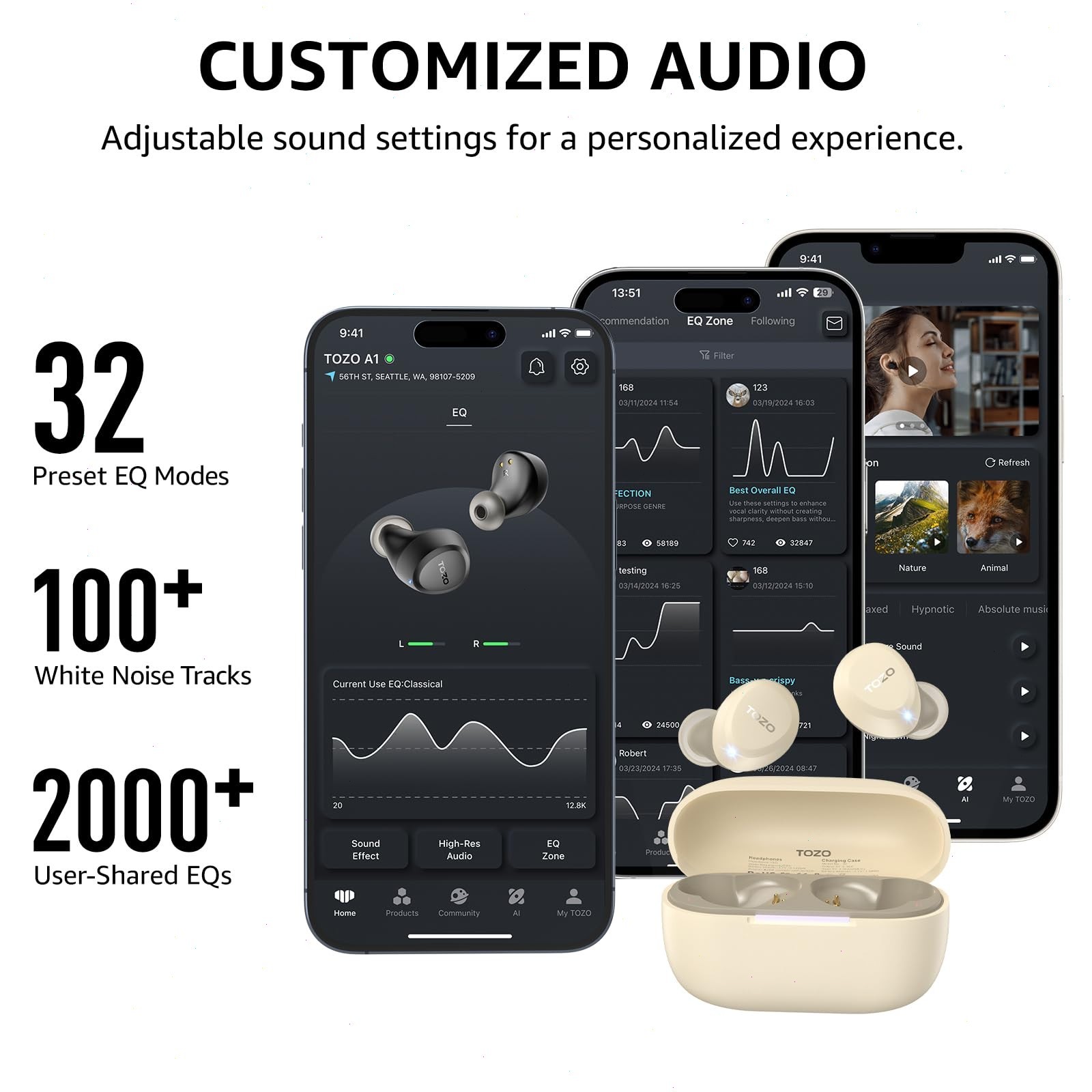 TOZO – A1 Lightweight Wireless Earbuds Headphones, Khaki – Refurbished