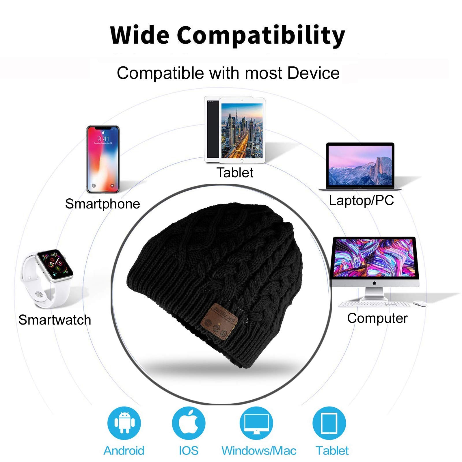Wireless Music Hat Beanie for Men Women Wireless Headset Headphones Audio Boy…