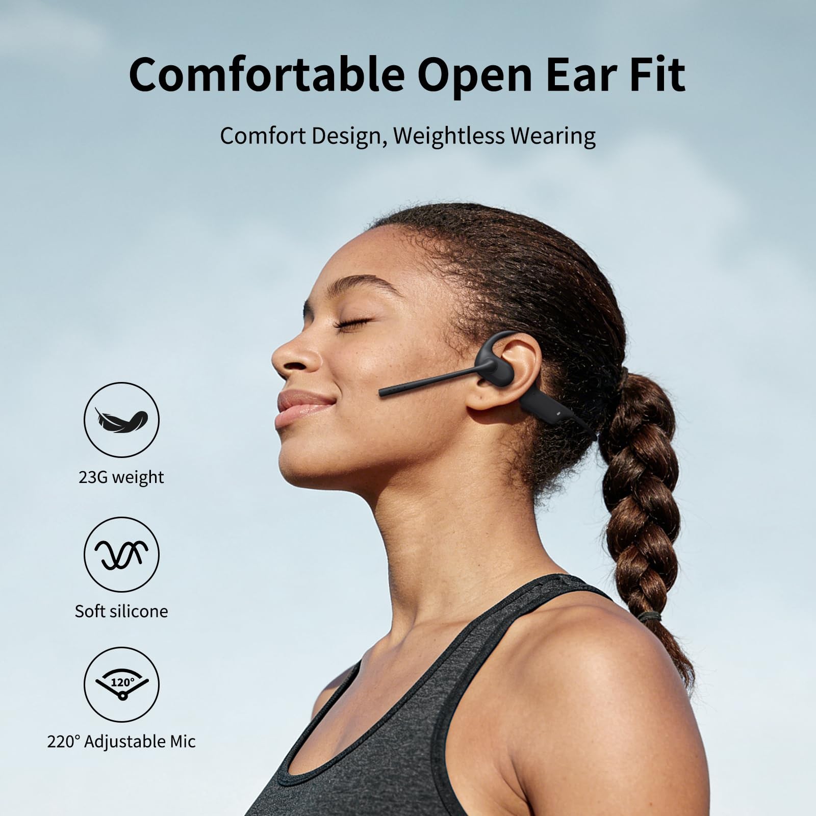 CXK Open Ear Headphones with Mic, Bluetooth 5.4, 23g Lightweight Headset Black