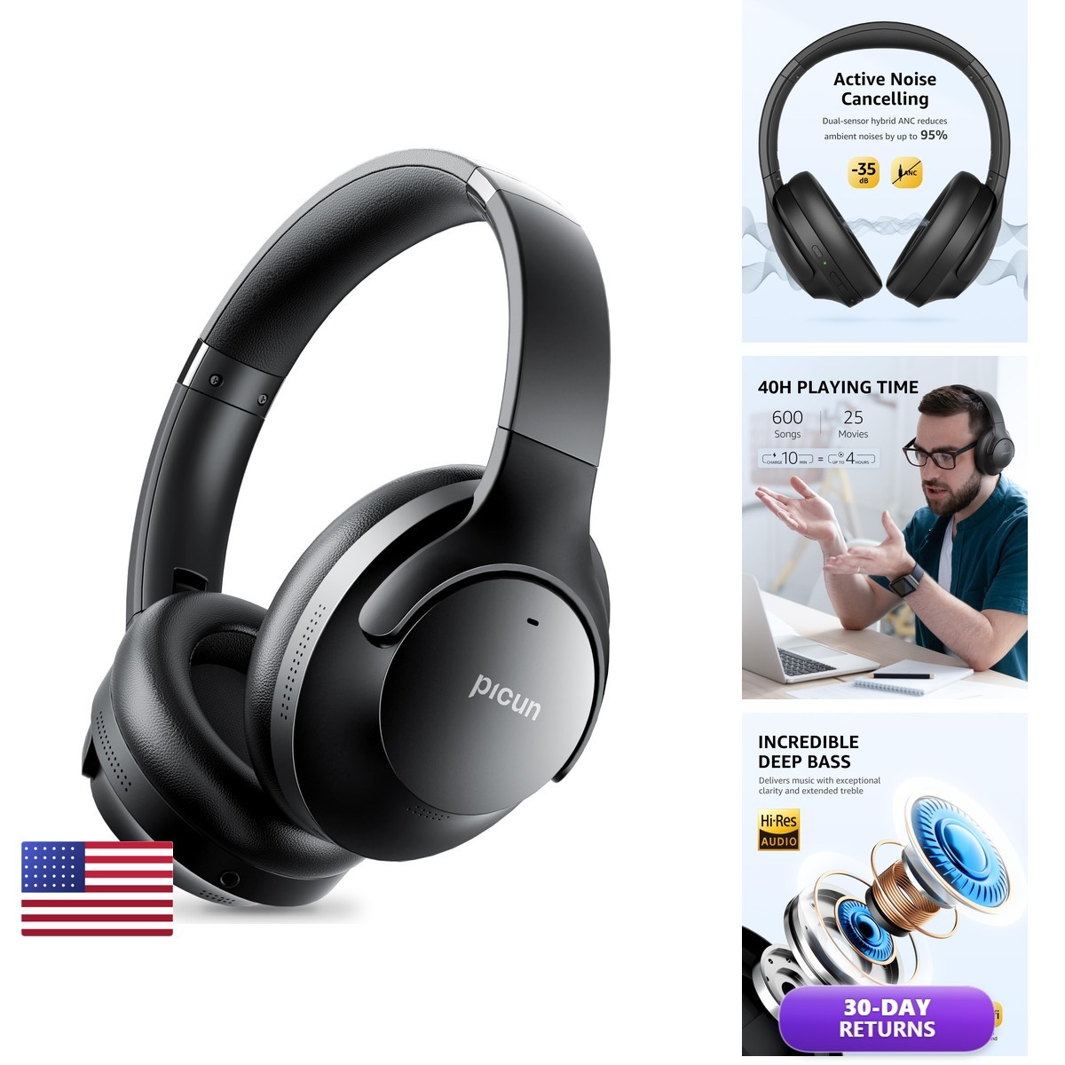 Picun ANC-05L Active Noise Cancelling Headphones Wireless Over Ear Foldable