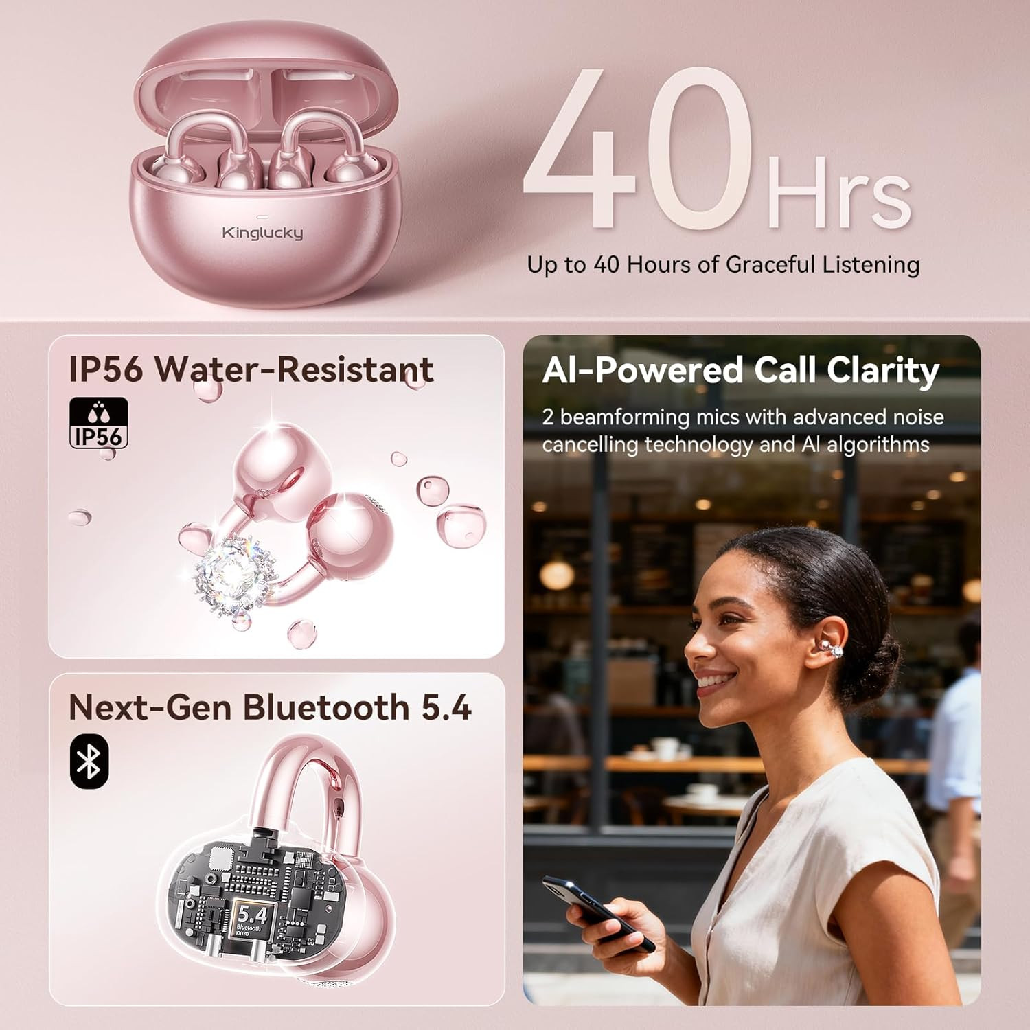 Rose Gold Bluetooth 5.4 Open Ear Earbuds with Detachable Diamond Earrings