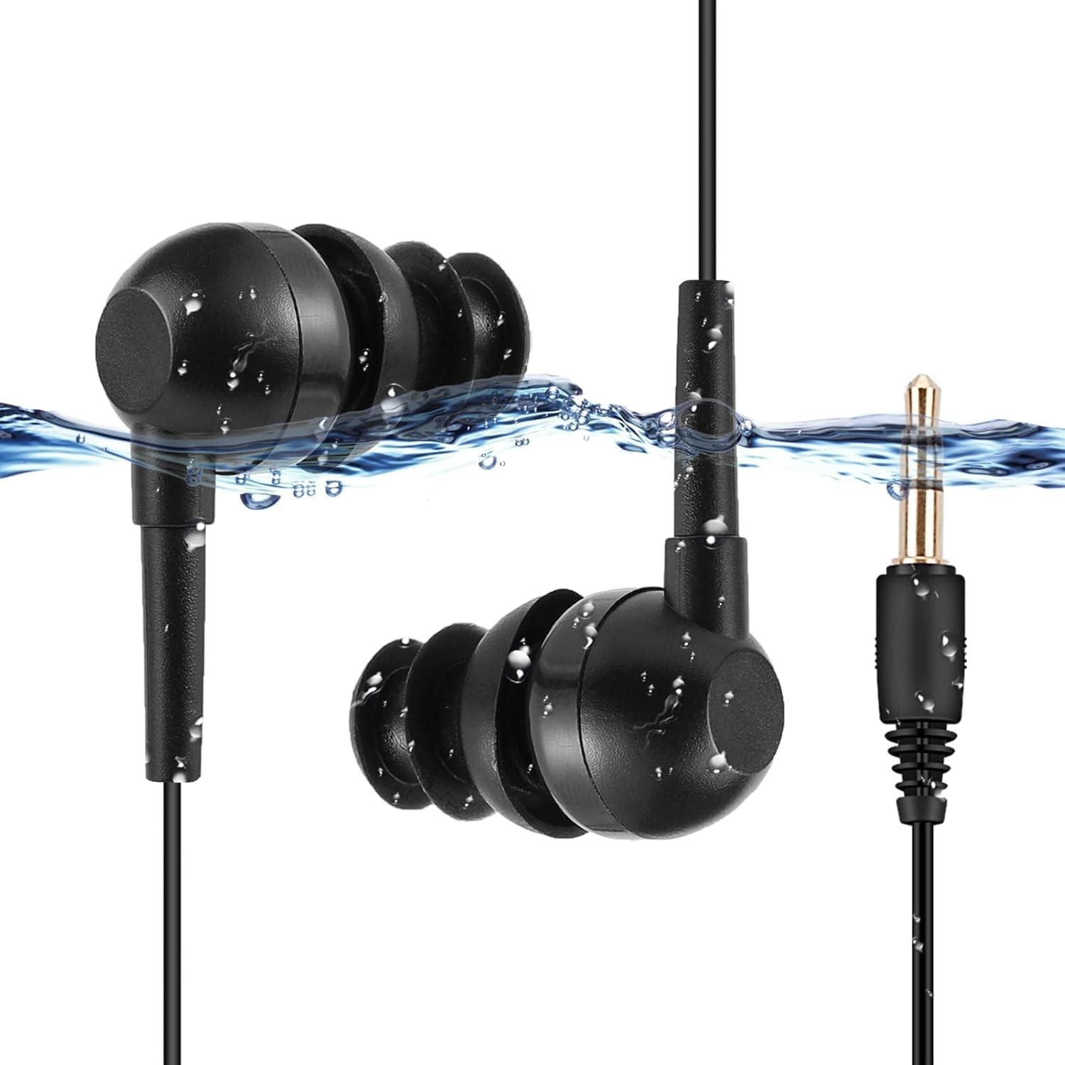 AGPTEK IPX8 Waterproof in-Ear Earphones, Coiled Cable Swimming Earbuds Black
