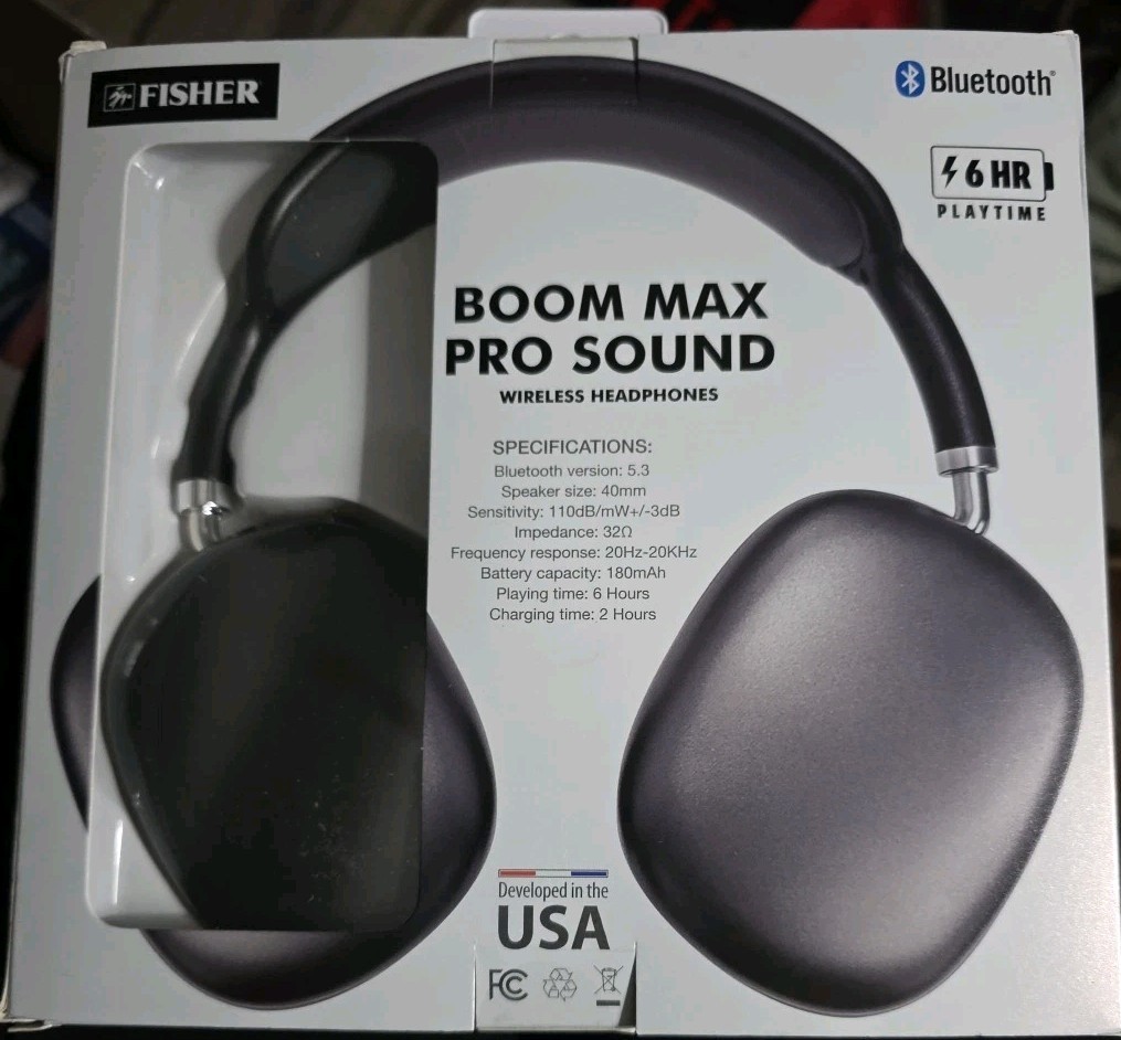 Fisher Boom Max Pro Sound Bluetooth Headphones, Dynamic Sound, Black Nwb
