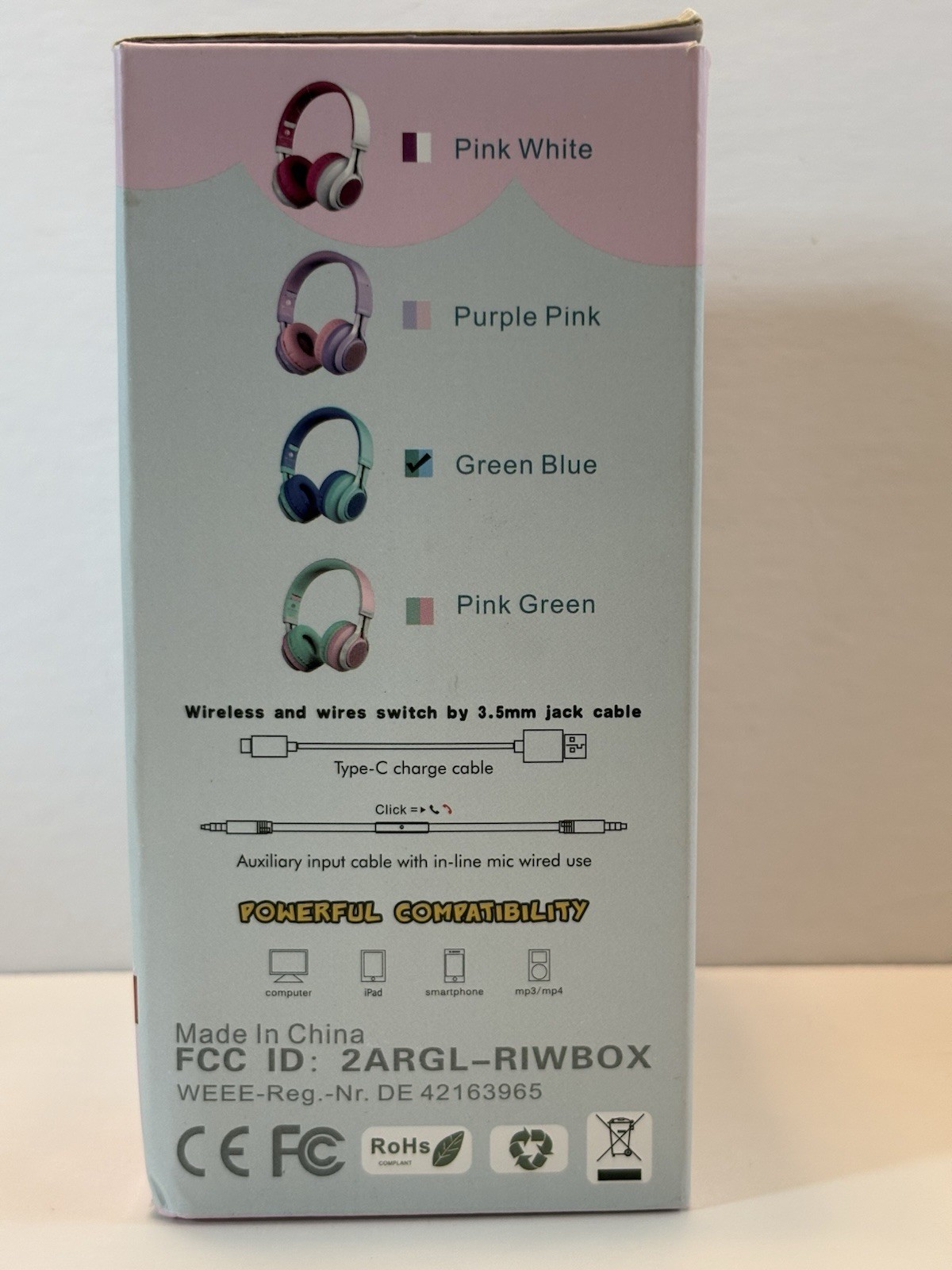 Riwbox WT-7S Wireless Bluetooth Headphones for Kids – LED Flashing – Green/Blue