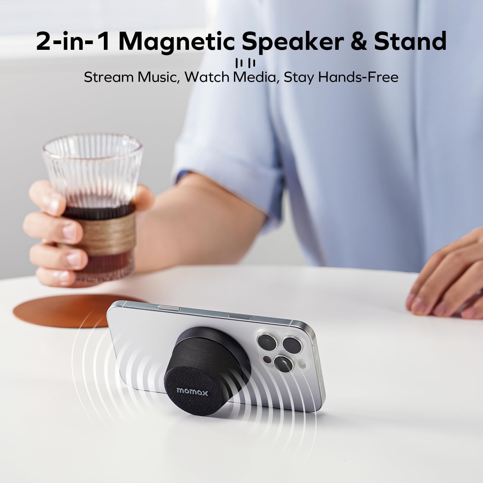 MOMAX Magnetic Mini Bluetooth Speaker, IPX6 Waterproof, 12H 1-Pack, Black