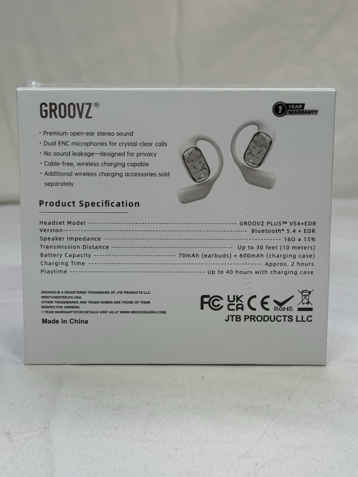 GROOVZ PLUS OPEN EAR HEADPHONES CHARGING CASE NIB SEALED WHITE MARBLE DESIGN