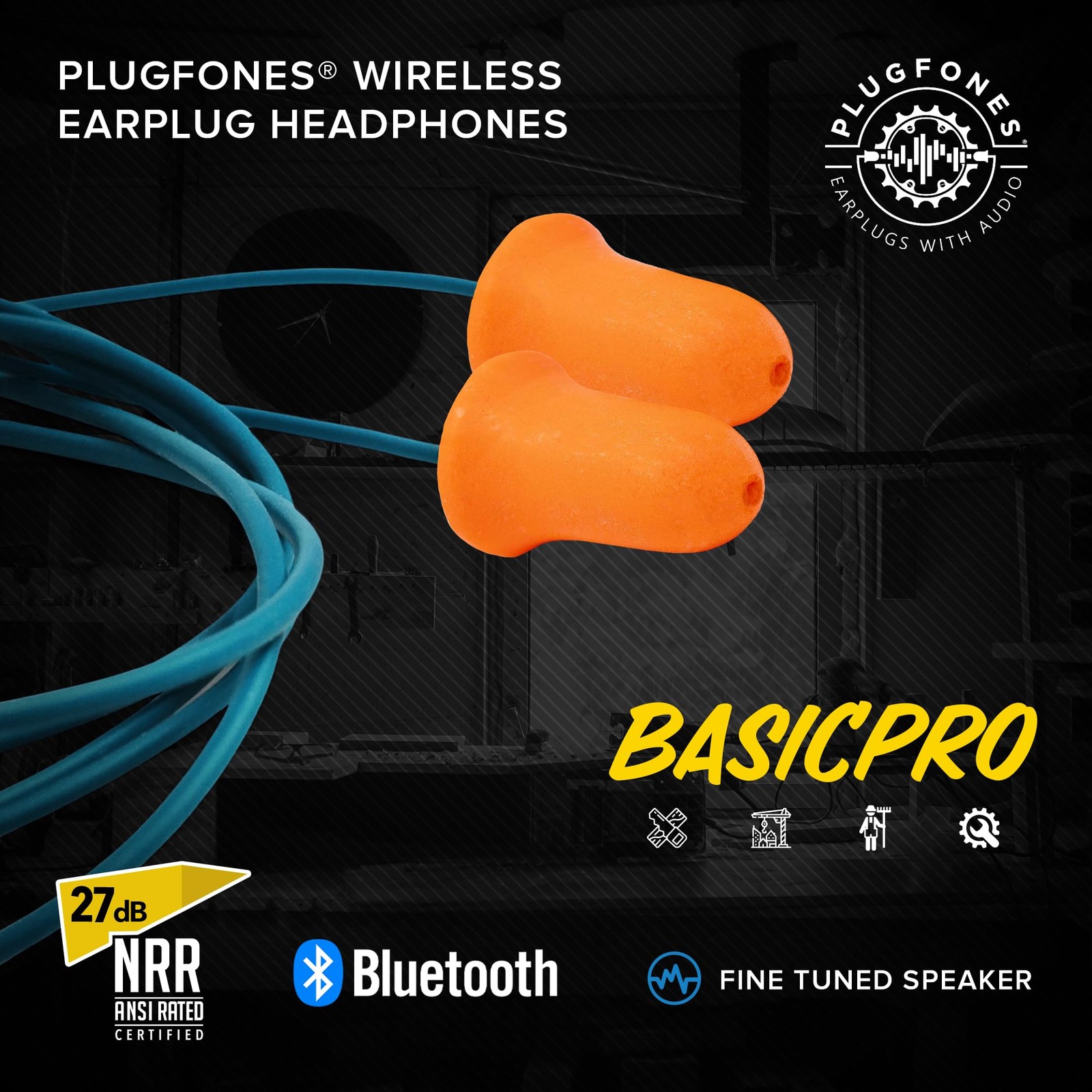 Plugfones Basic Pro Bluetooth Foam Earplug Headphones – 27 dB Blue, Orange