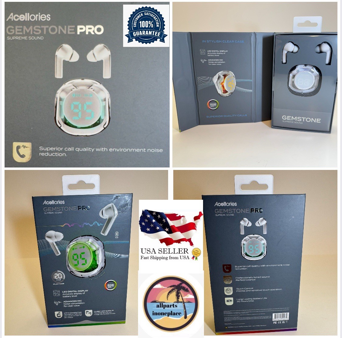 Acelloiries GemstonePro LED Digital Display Earbuds 20 Hours of Playtime White