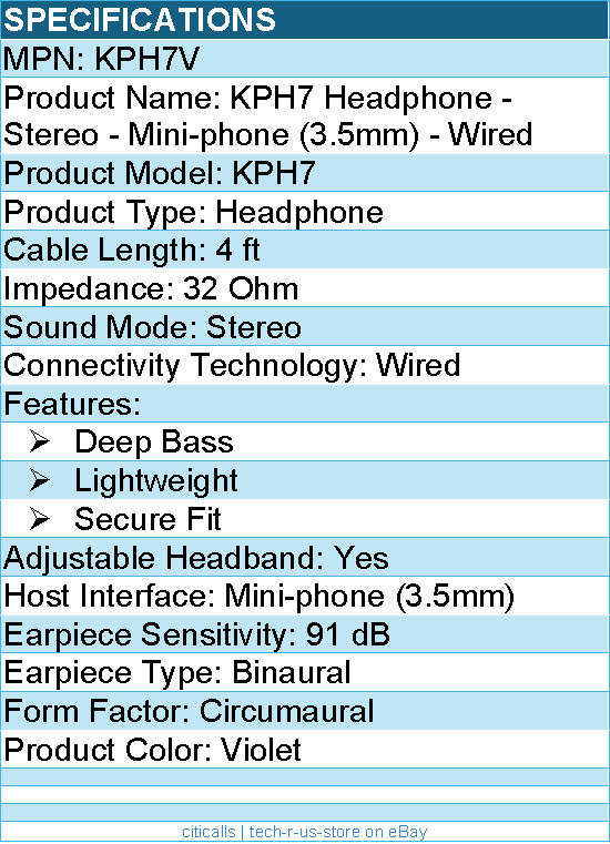 Koss KPH7V Headphone – Stereo – Mini-phone (3.5mm) – Wired – Violet