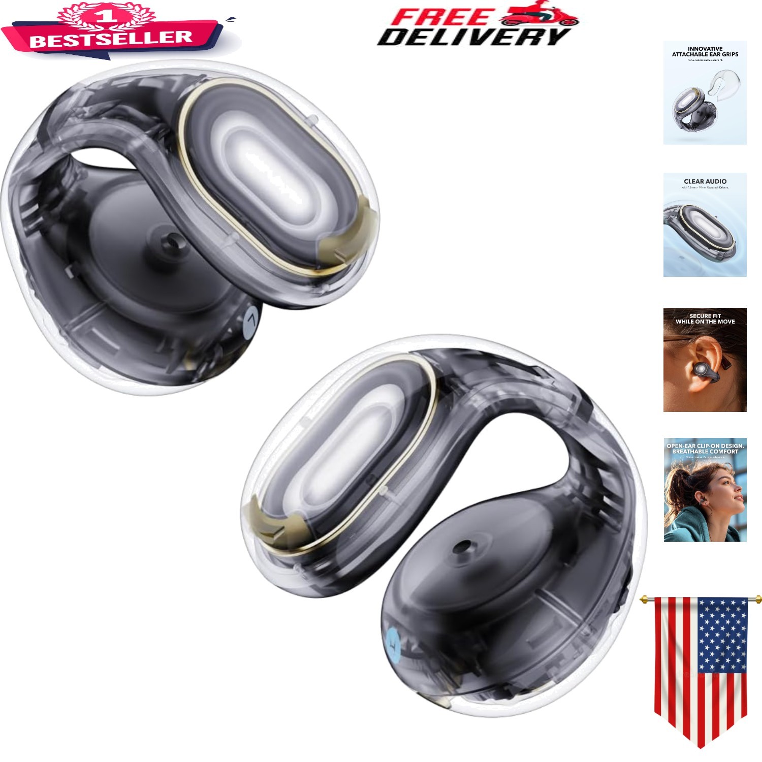 Lightweight C30i Open-Ear Earbuds with Attach for Stable Fit – 2 Sizes Included