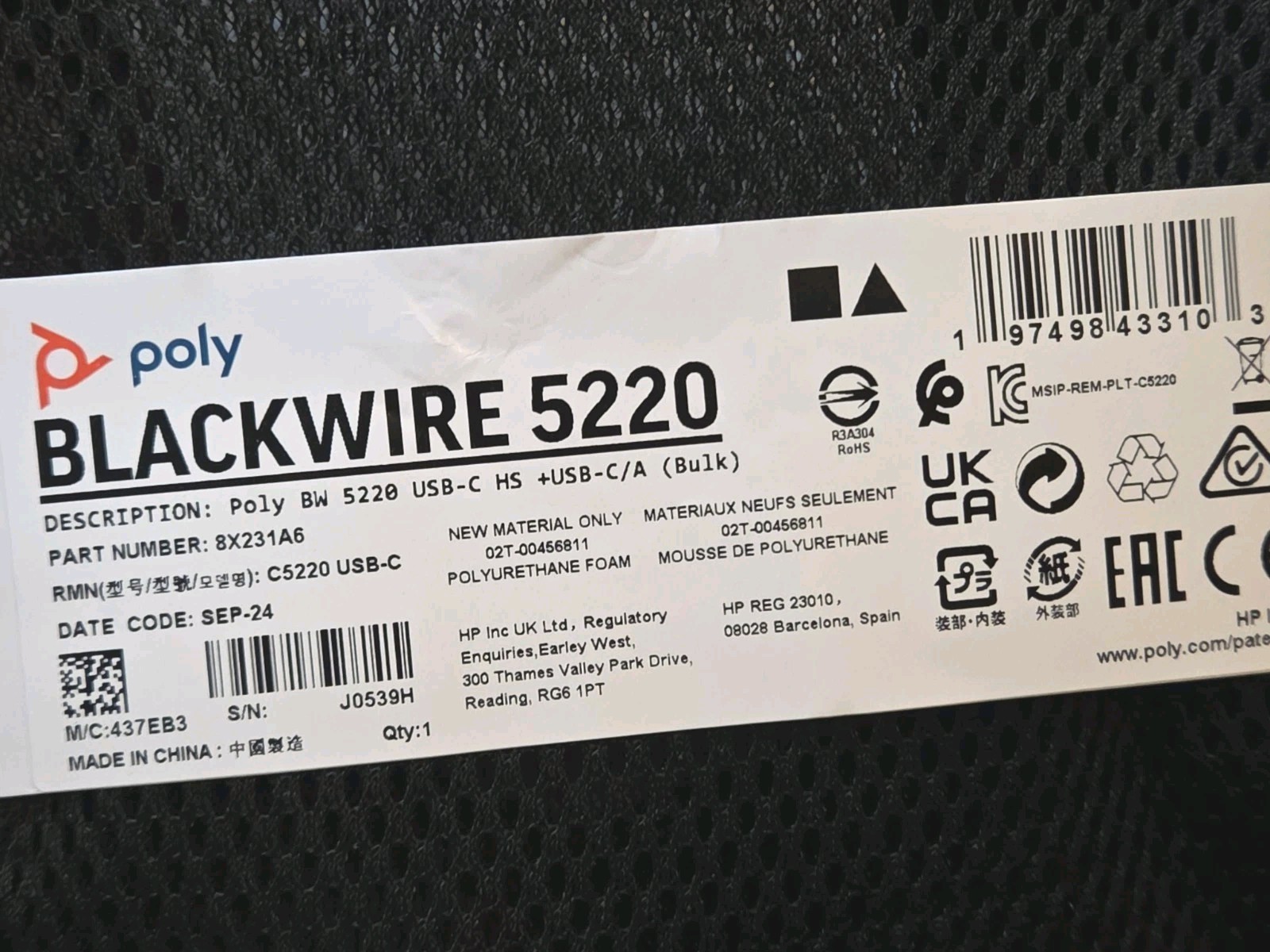 Poly Blackwire 5220 Stereo USB-C Headset+ 3.5mm Plug HP 8X231A6 New