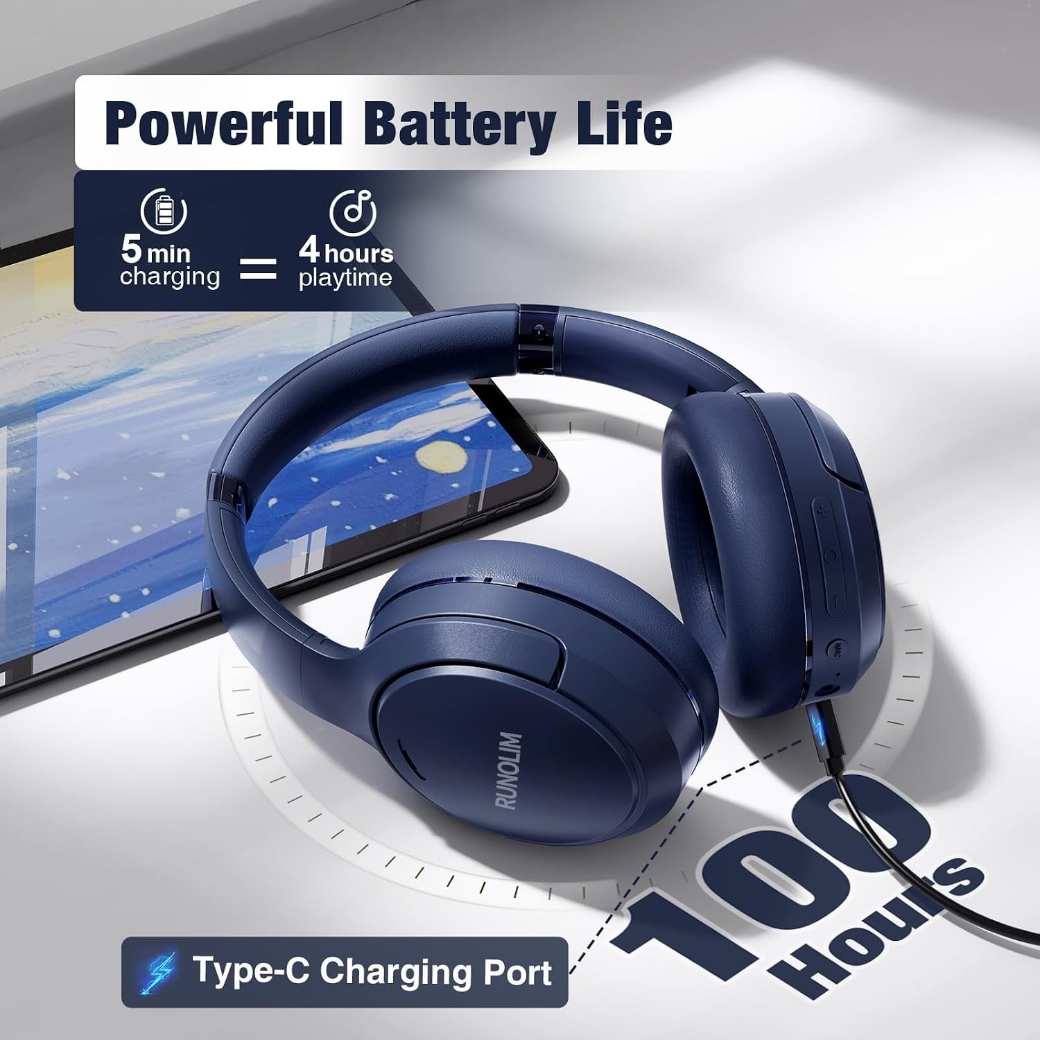 Hybrid Active Noise Cancelling Headphones with 100H Playtime, Bluetooth