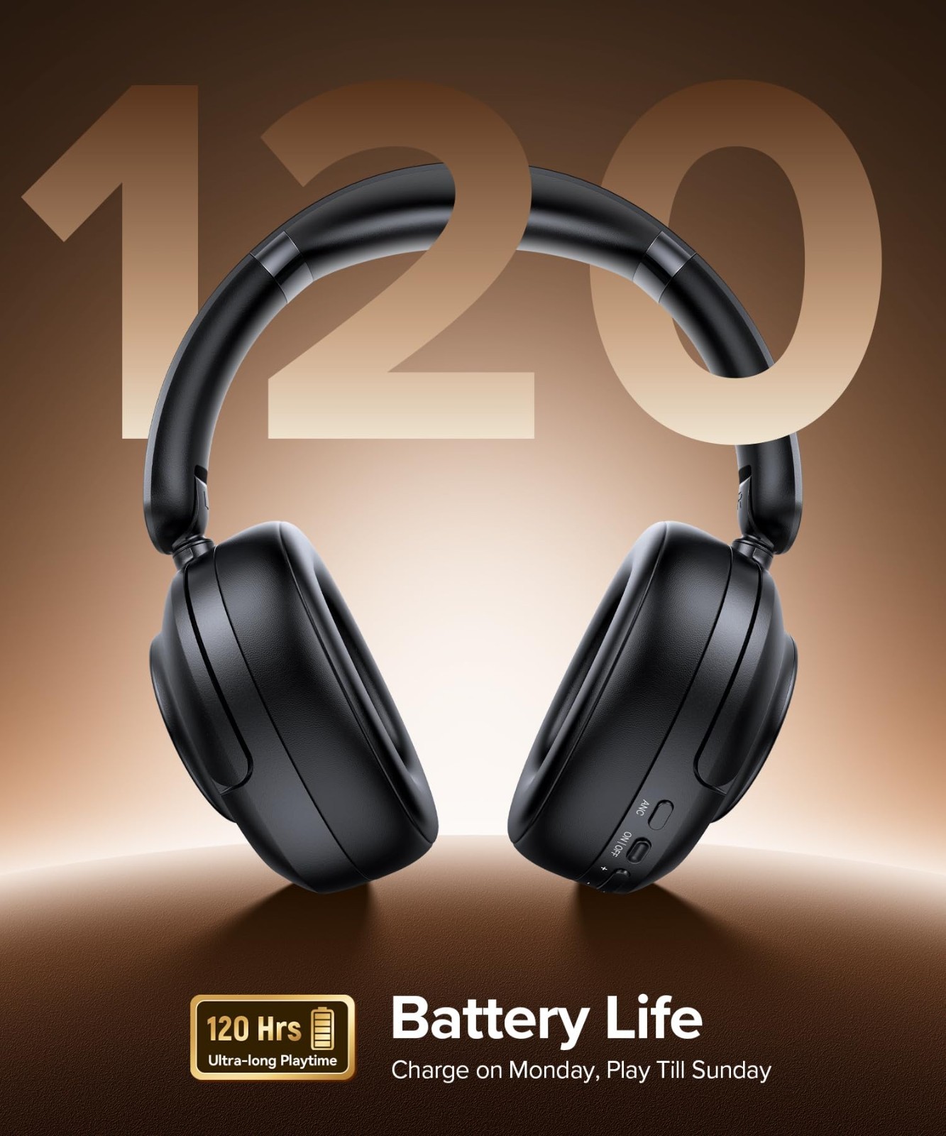 Active Noise Cancelling Bluetooth Headphones, 120H Playtime, Hi-Res Audio, 5-Mic