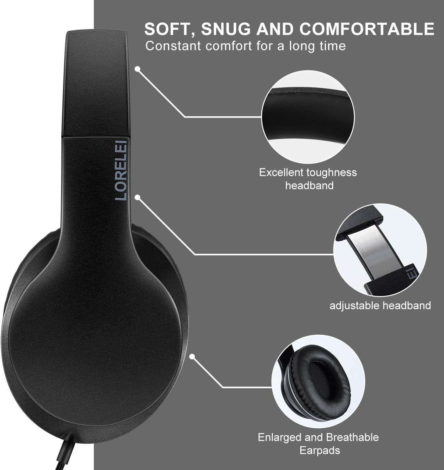 LORELEI X6 Over-Ear Wired Stereo Bass Headphones with Microphone, Lightweight, F