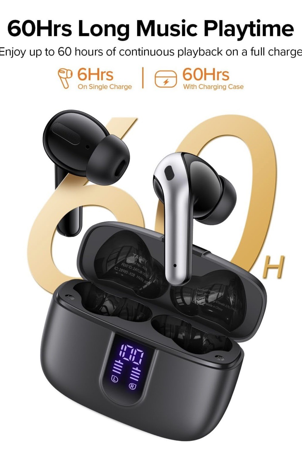 TAGRY Bluetooth Headphones True Wireless Earbuds 60H Playback LED Power Display