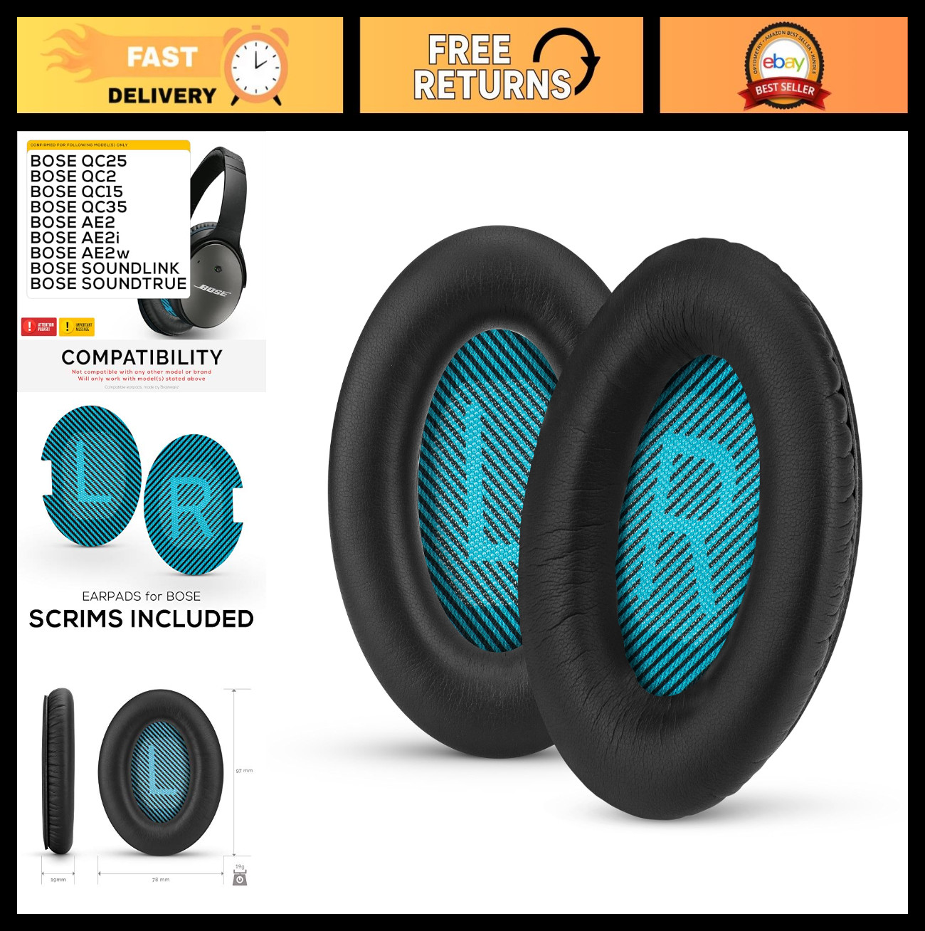 Premium Memory Foam Earpads for QC15 QC25 QC35 AE2 SoundLink – Soft & Durable Ea