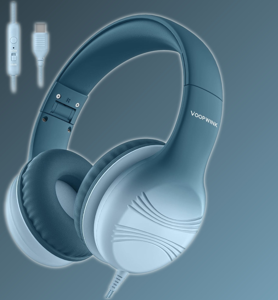 Kids USB-C Wired Over-the-Ear Headphones with Microphone, Volume Control/Limit