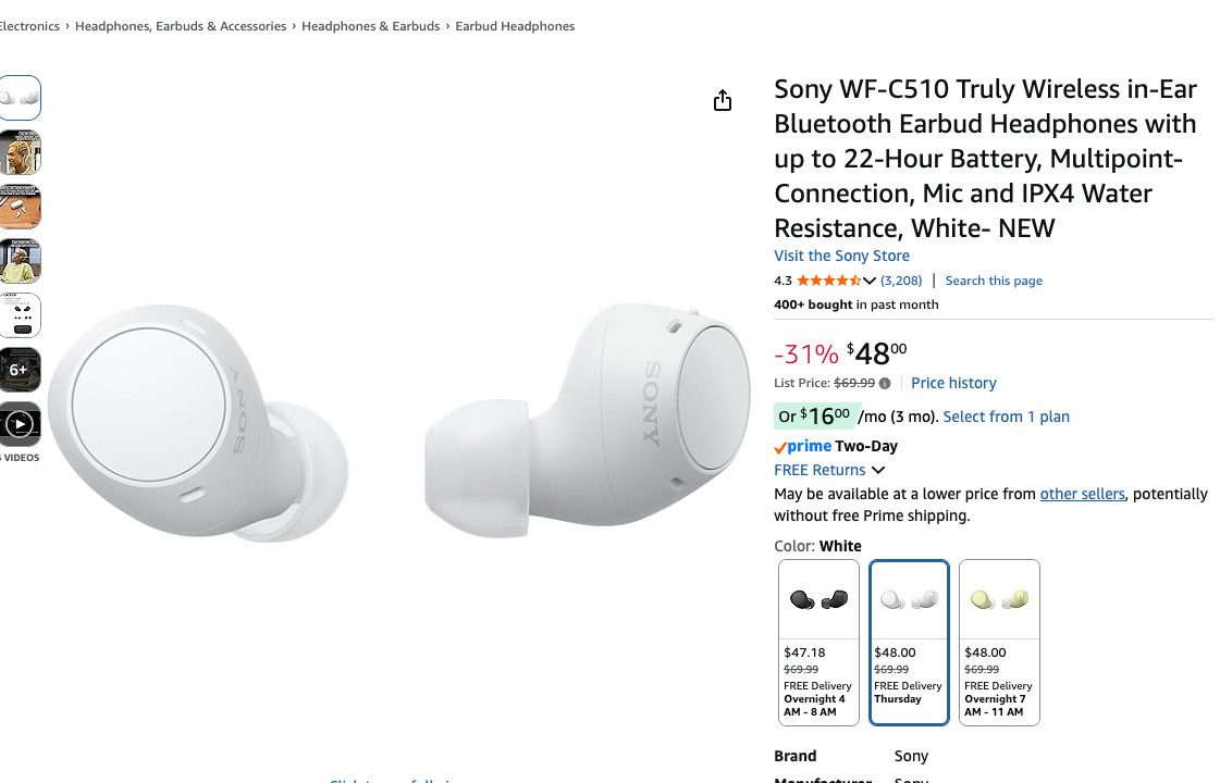 Sony WF-C510 Compact and Lightweight Truly Wireless Earbuds with Up To 11 Hours