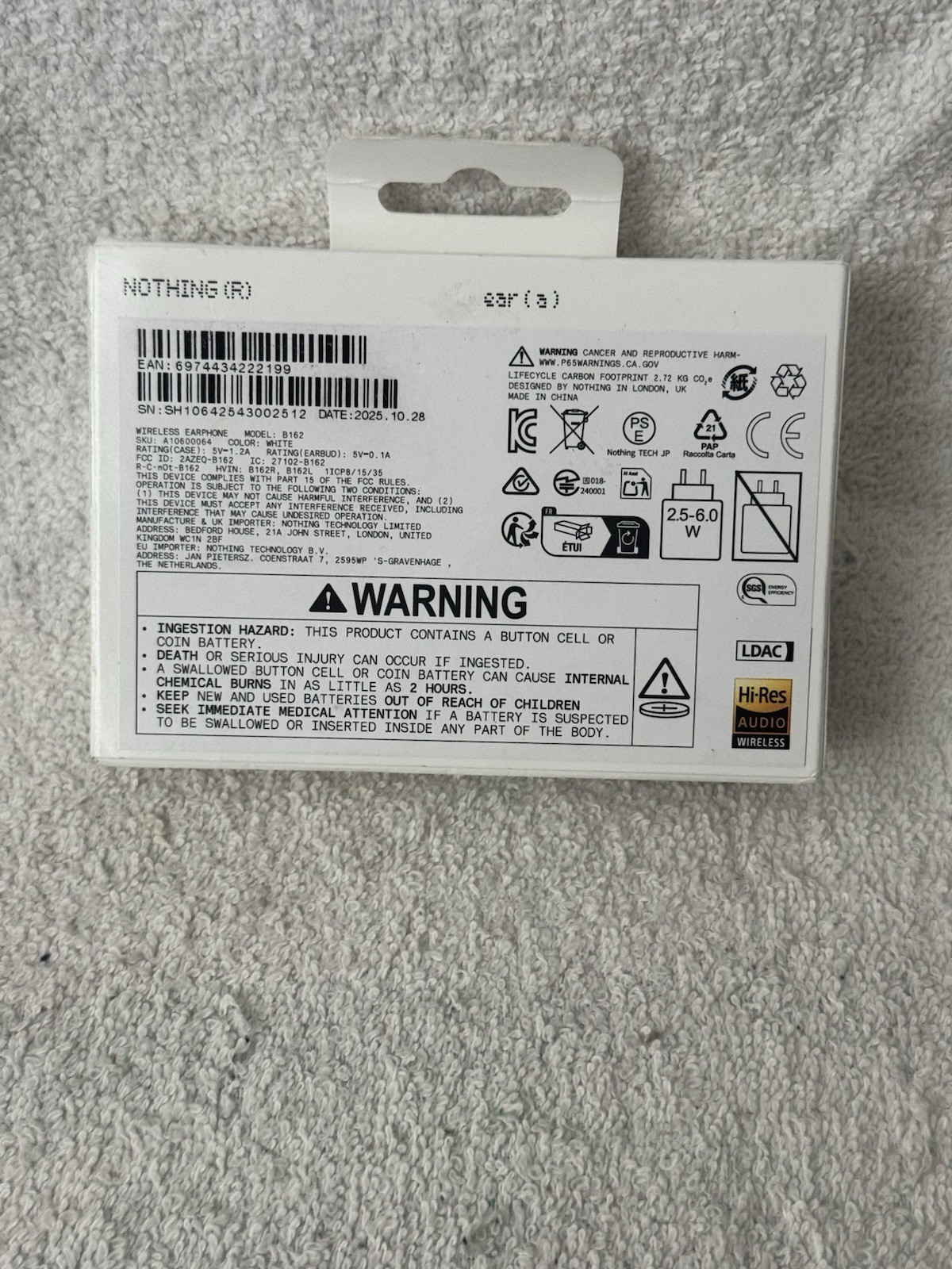 Nothing Ear (a) Wireless Noise Cancelling Earbuds Hi-Res Audio – White *SEALED*