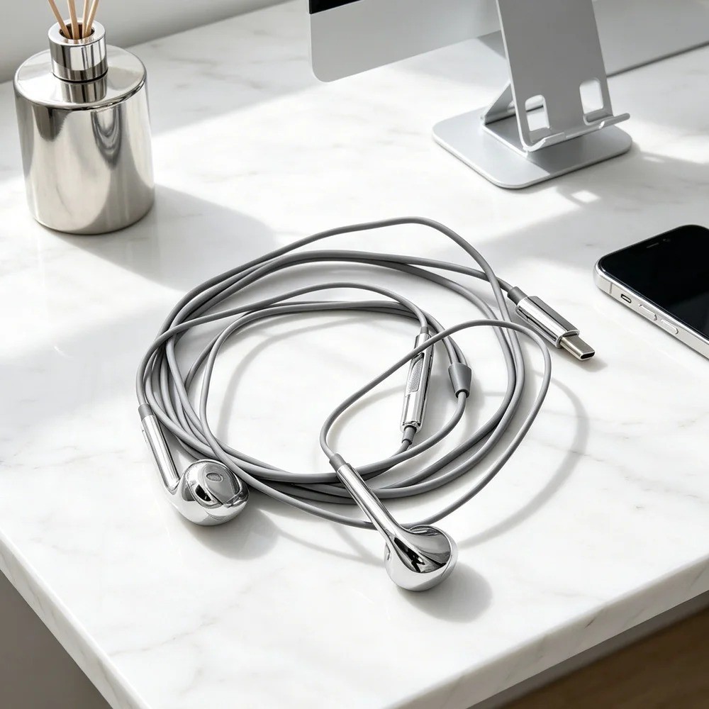 Chrome Silver Wired Earbuds Earphones with Mic Volume Control 3.5mm In-Ear
