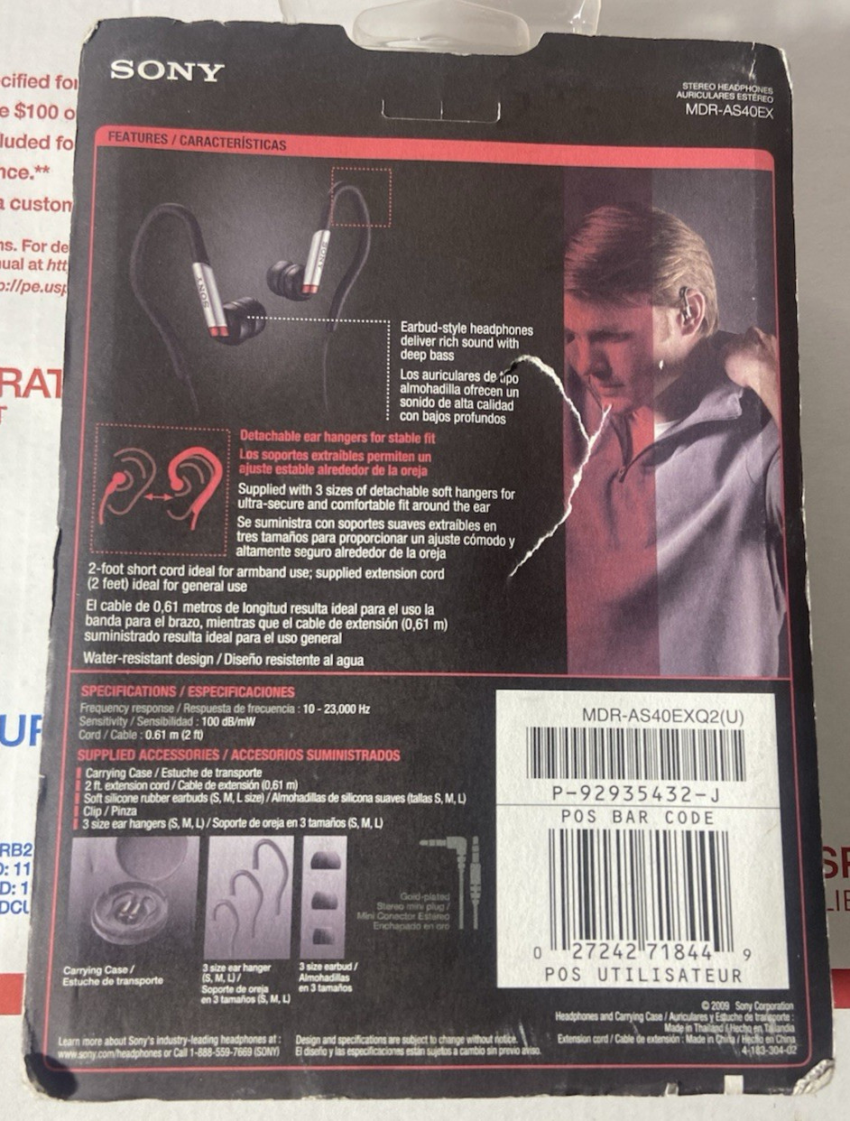 Sony MDR-AS40EX Active Sports Earbuds W/ Detachable Ear Hangers – NEW SEALED –