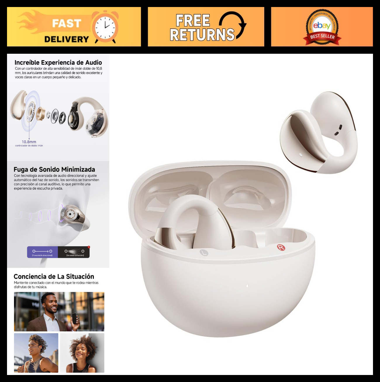 Wireless Bluetooth Open Ear Headphones, Clip-On Sports Earbuds with ENC Mic, Dua