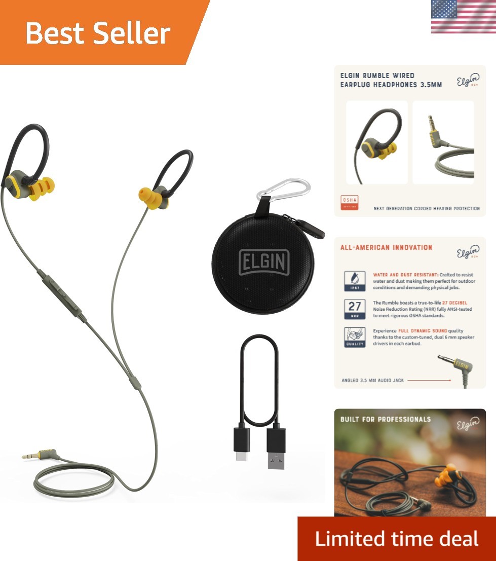 Durable Wired Earplug Headphones, 3.5mm Jack, Hearing Protection, OSHA Certified