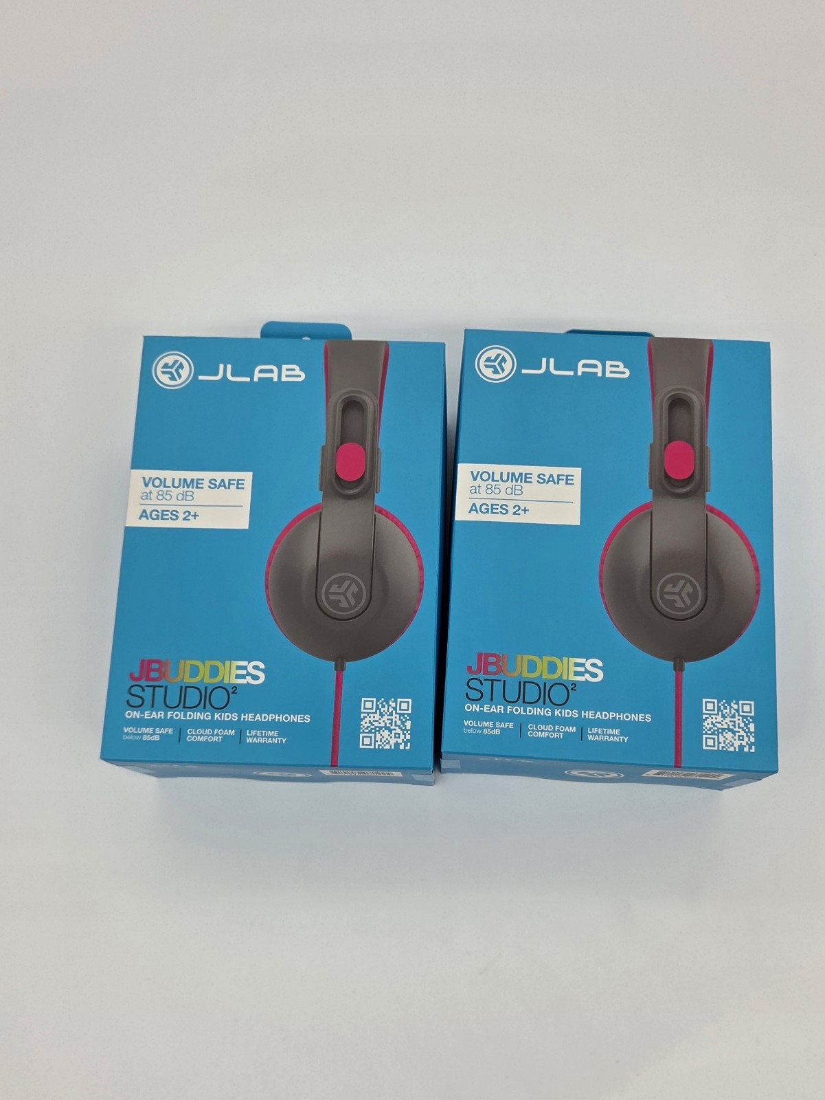 JLab 2pk JBuddies Studio2 Gray & Pink Kids On-Ear Headphones Volume-Limited 85dB