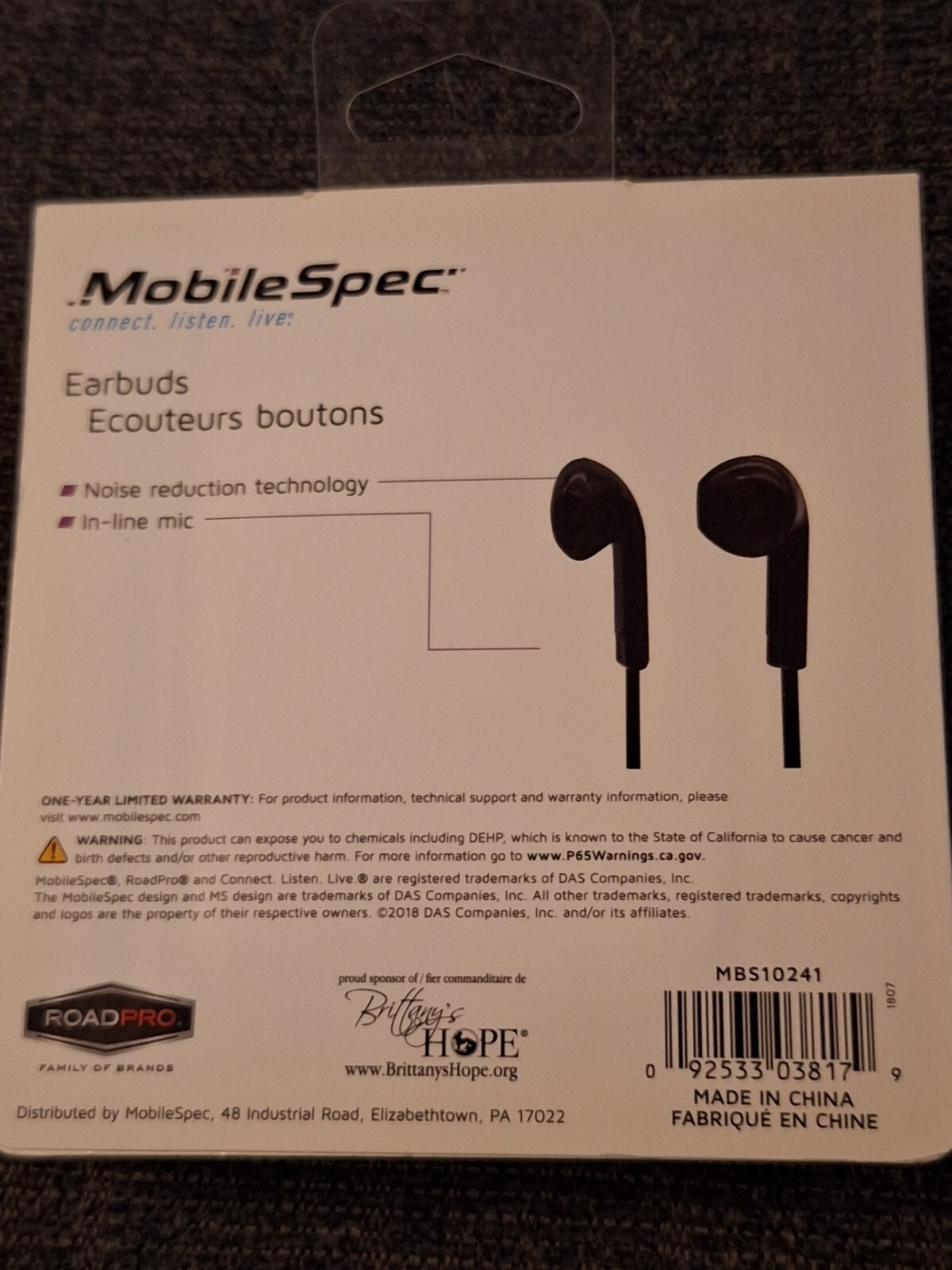 Mobilespec Mbs10241 Earbuds Noise Reduction Black 3 Ft. Cord Fast Free Shipping