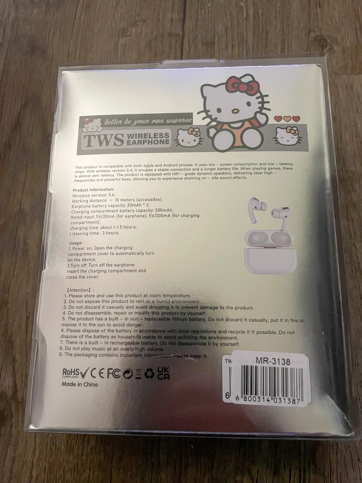 Hello Kitty TWS-K123 Bluetooth Wireless In-Ear Earbuds w/ Charging Case White