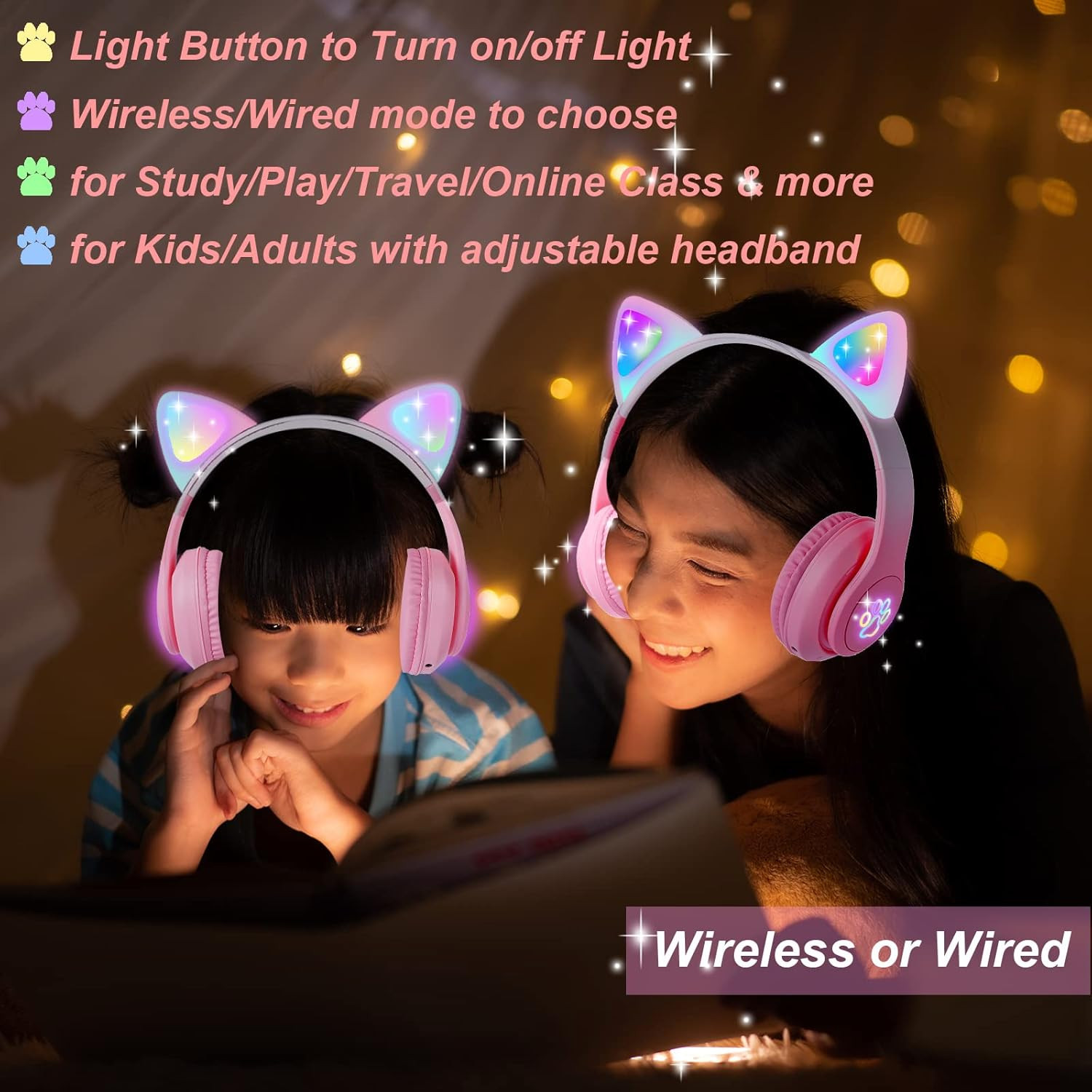Cat Ear Kids Headphones Bluetooth, LED Light up Wireless/Wired Mode over Ear