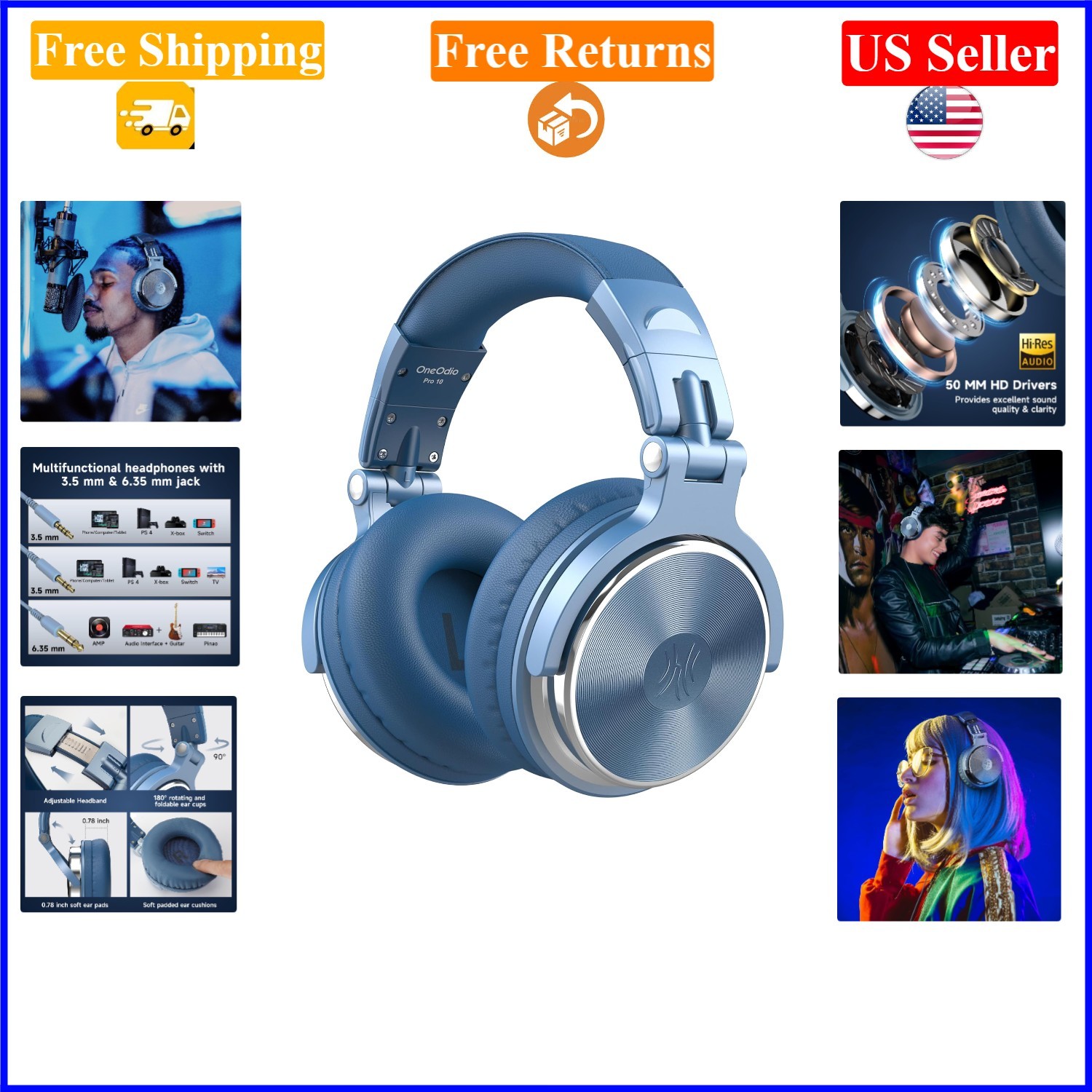 Sky Blue Wired Over Ear Studio Headphones, 50mm Drivers, 3.5/6.35mm, Adult