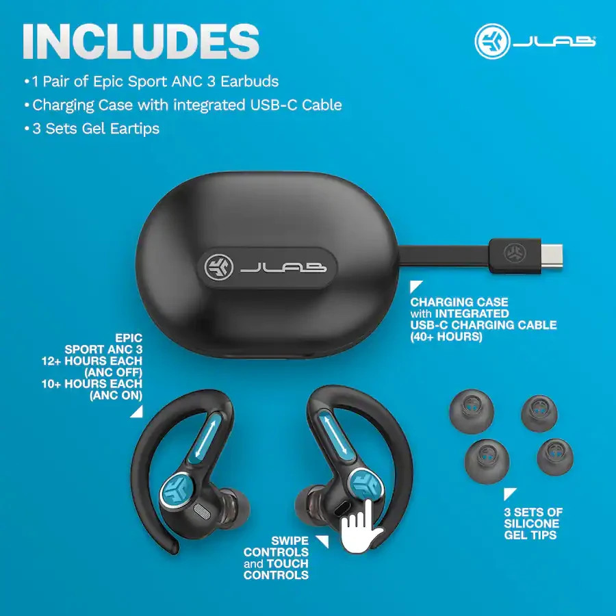 JLab Epic Air Sport ANC 3 Active Noise Canceling Wireless Bluetooth Earbuds
