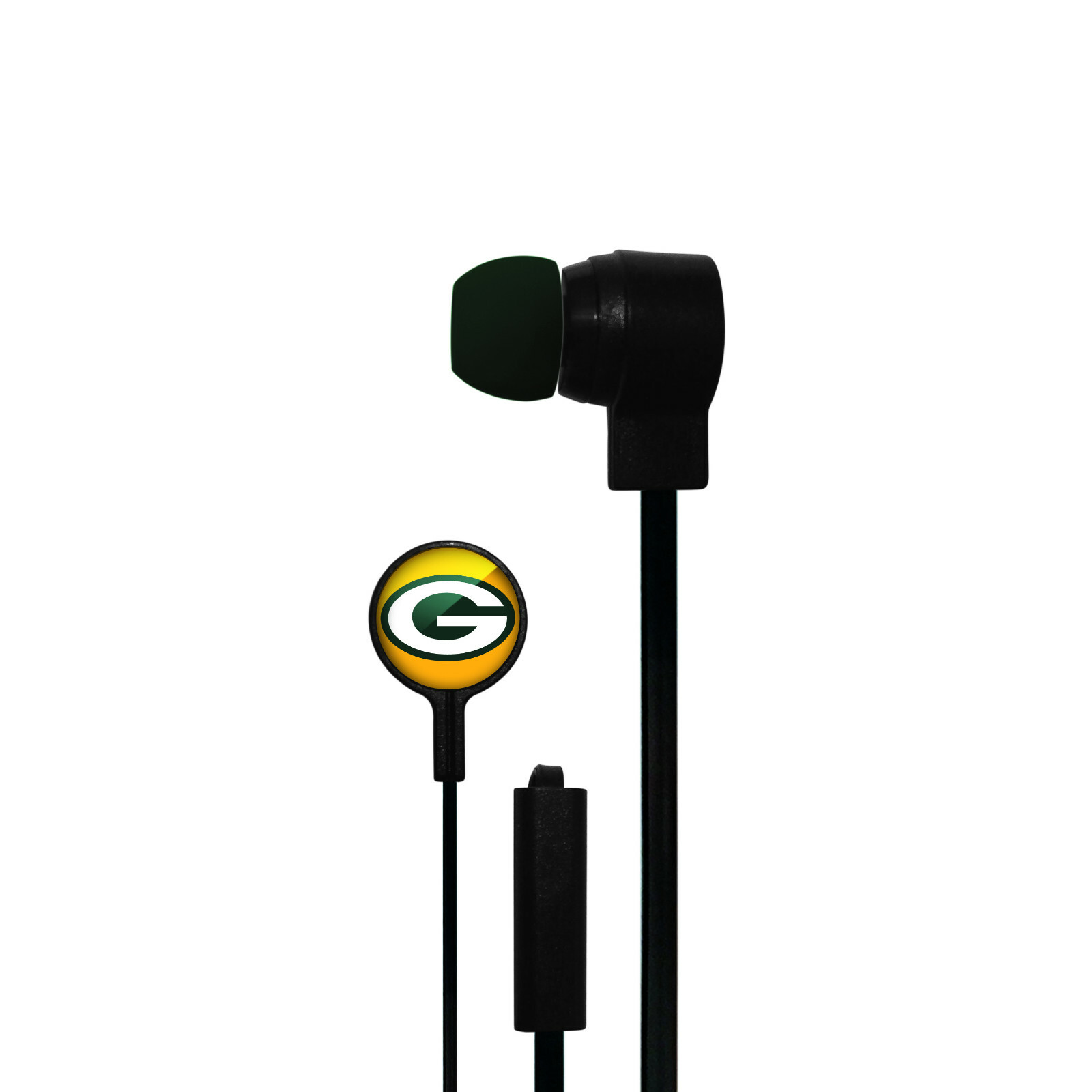 MIZCO NFL Black Stereo Earbuds w/microphone for all devices, Green Bay Packers