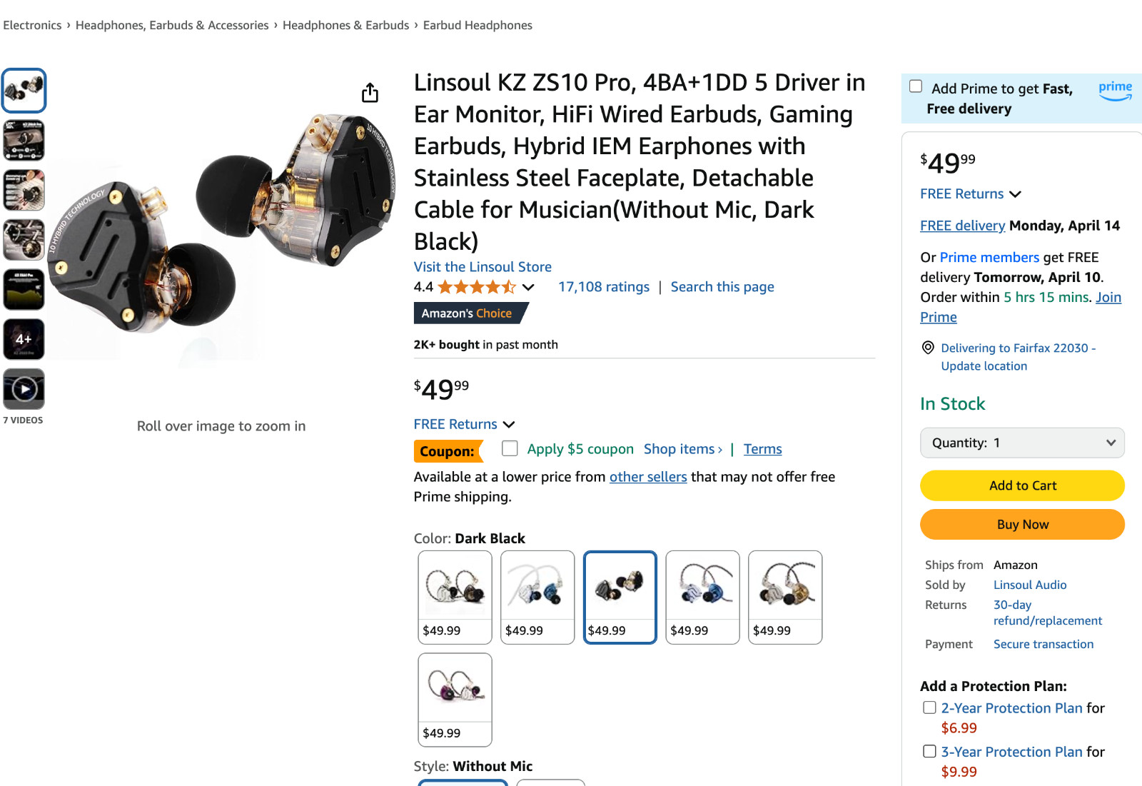 Linsoul KZ ZS10 Pro 4BA+1DD 5 Driver In-Ear Stainless Steel IEM Earphones w/ Mic
