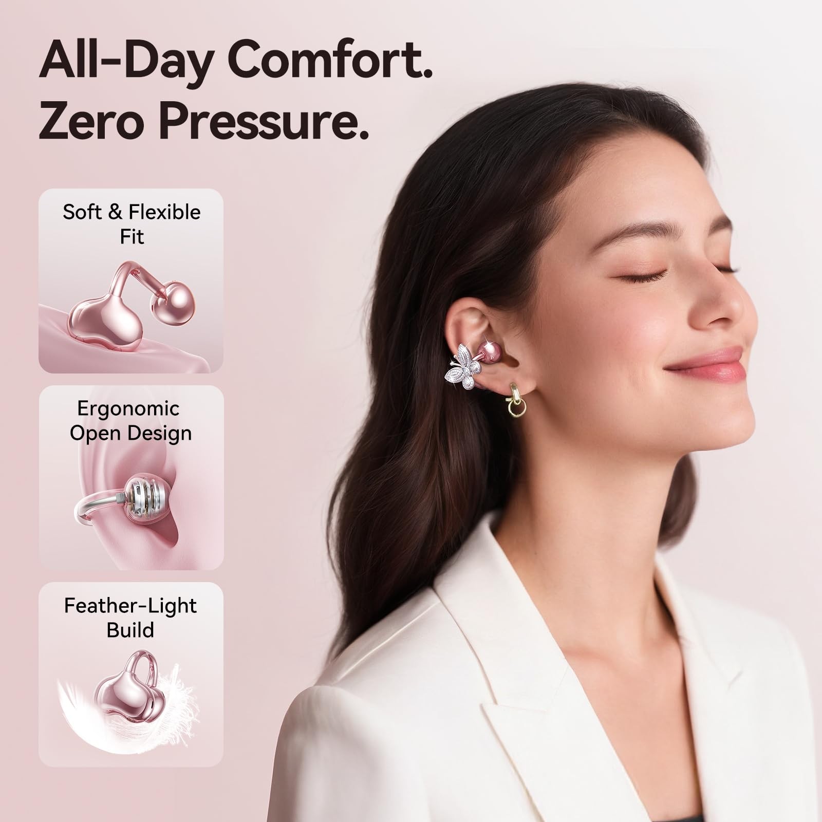 Kinglucky Jewelry-Inspired Clip-On Earbuds with Butterfly Earrings Comfortabl…