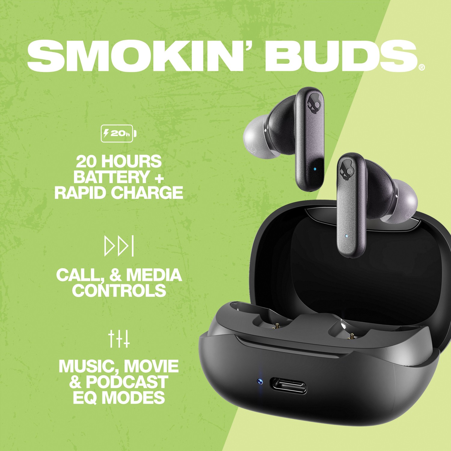 Smokin’ Buds TWS In-Ear Earbuds, Mic, Charging Case, 20-Hr Playtime, IPX4