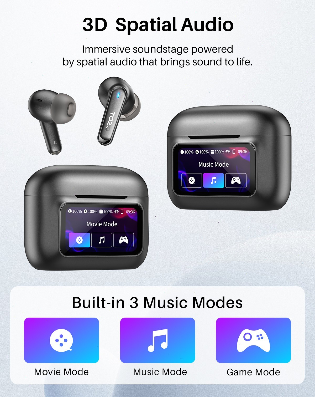 TOZO Hybrid Active Noise Cancelling Earbuds with Smart Touch Screen