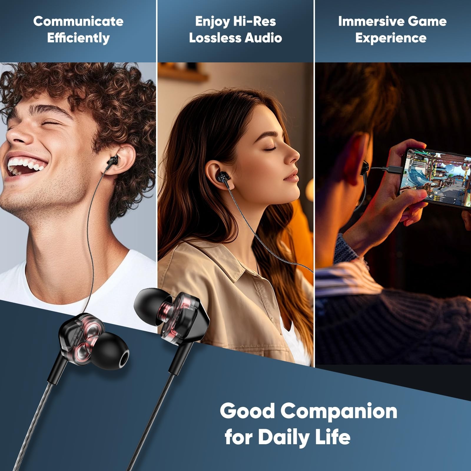 Hi-Fi USB-C Wired In-Ear Earbuds with Mic, Dual Driver, Noise Isolating, Deep Ba
